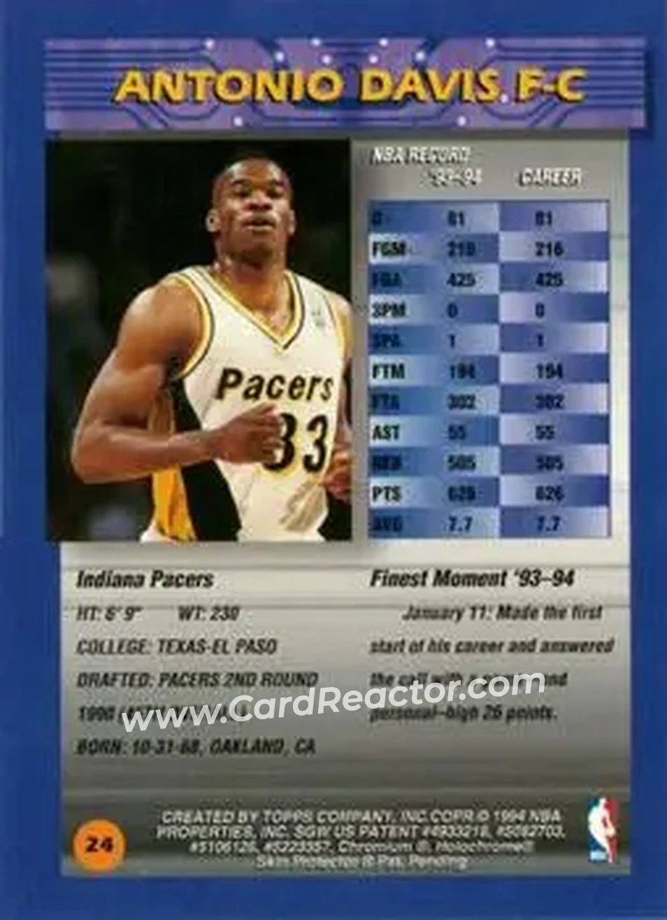 1994-95 Finest #24 - Antonio Davis - Indiana Pacers - Back