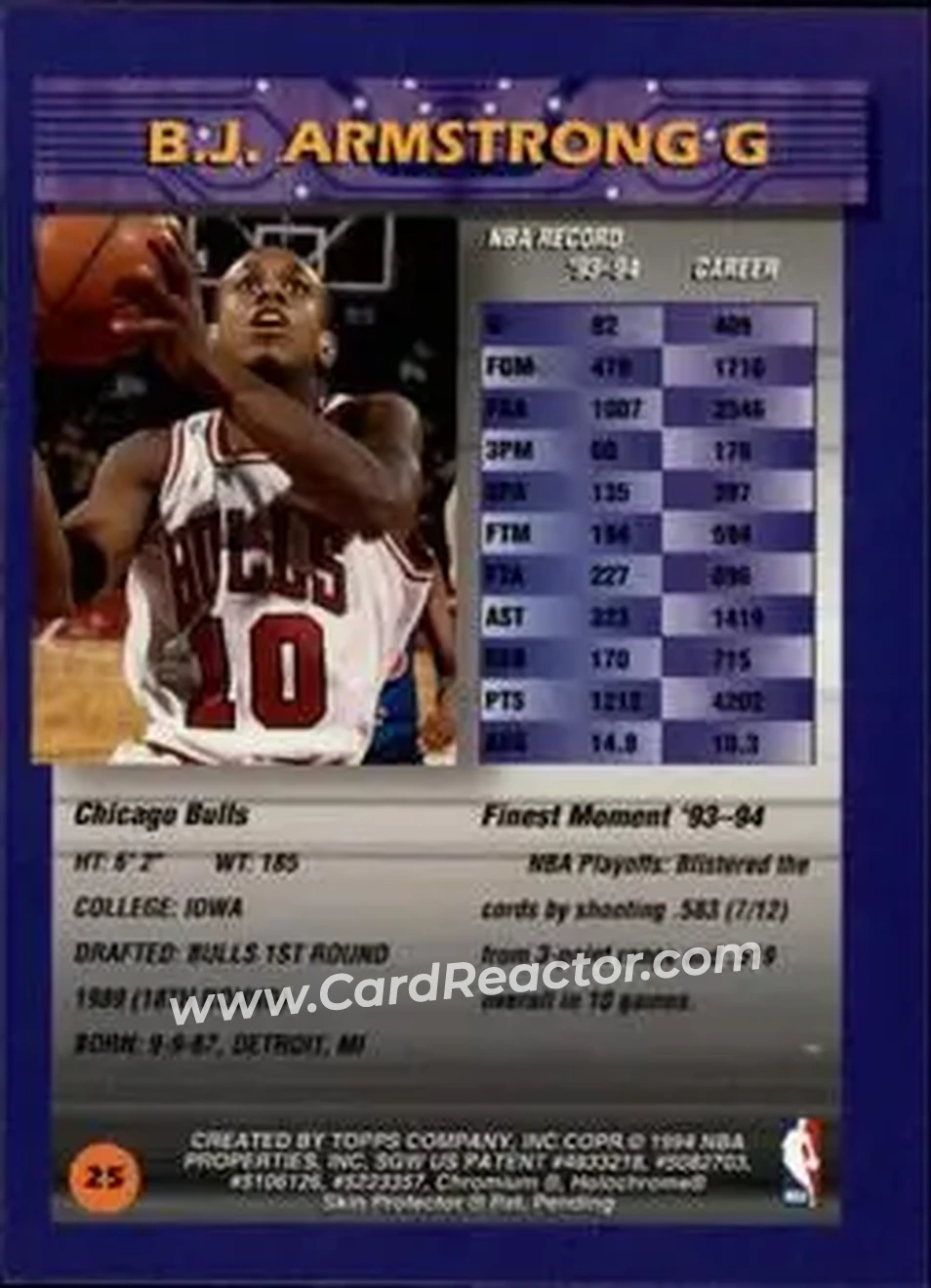 1994-95 Finest #25 - B.J. Armstrong - Chicago Bulls - Back