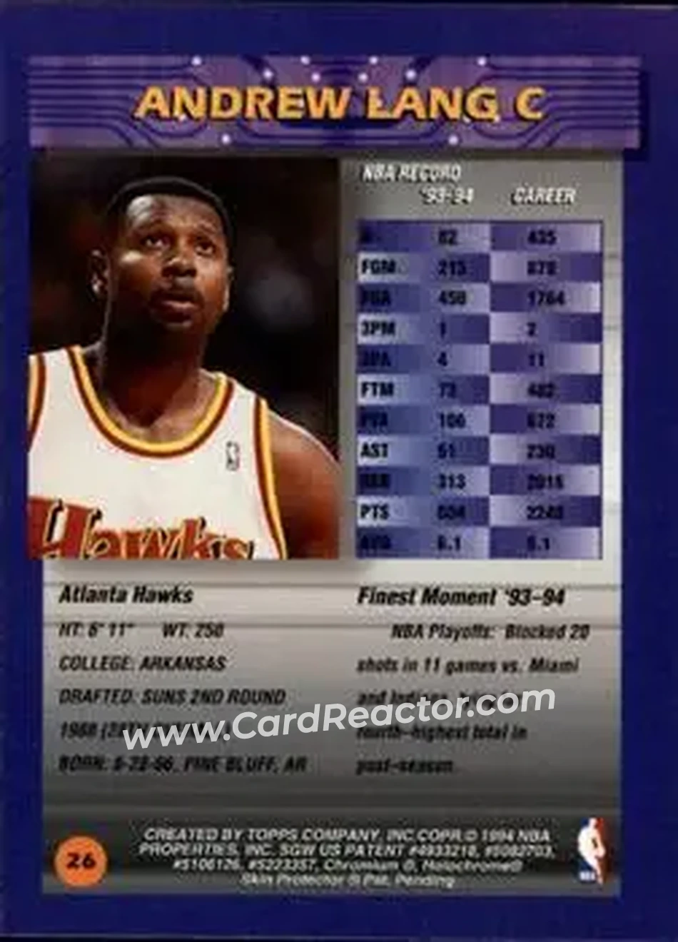 1994-95 Finest #26 - Andrew Lang - Atlanta Hawks - Back