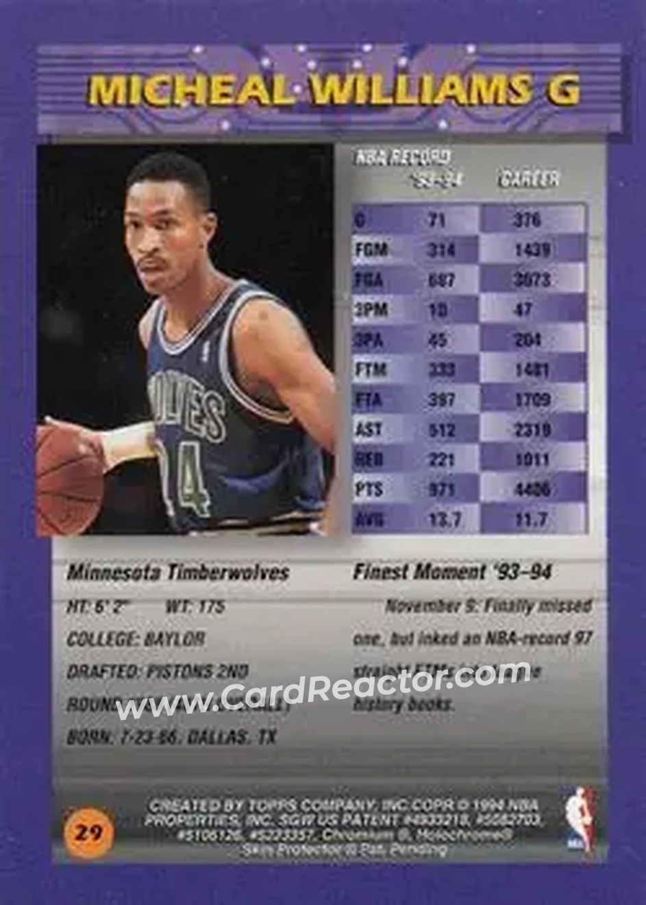 1994-95 Finest #29 - Micheal Williams - Minnesota Timberwolves - Back