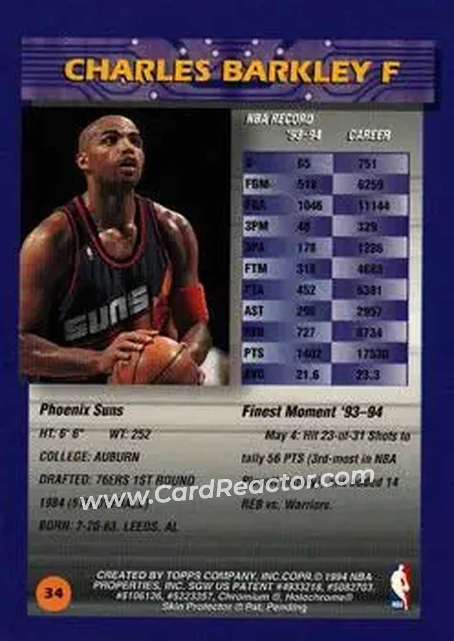 1994-95 Finest #34 - Charles Barkley - Phoenix Suns - Back