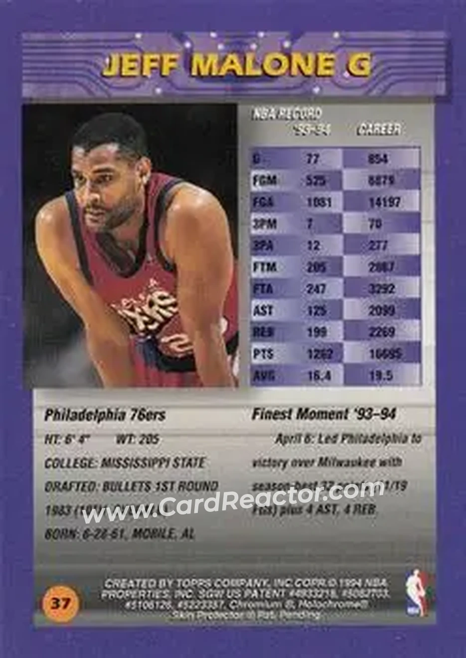 1994-95 Finest #37 - Jeff Malone - Philadelphia 76ers - Back