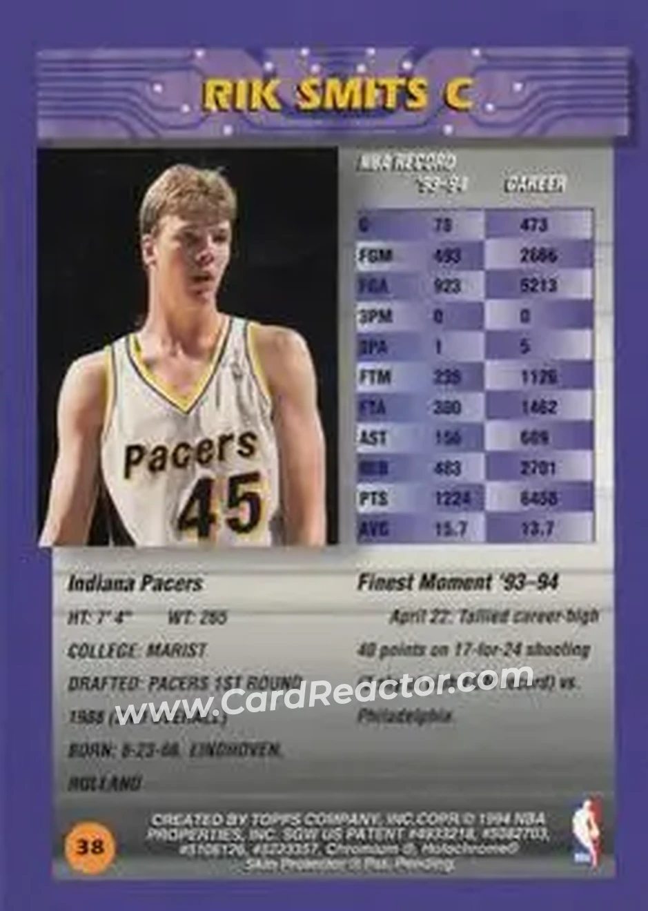 1994-95 Finest #38 - Rik Smits - Indiana Pacers - Back