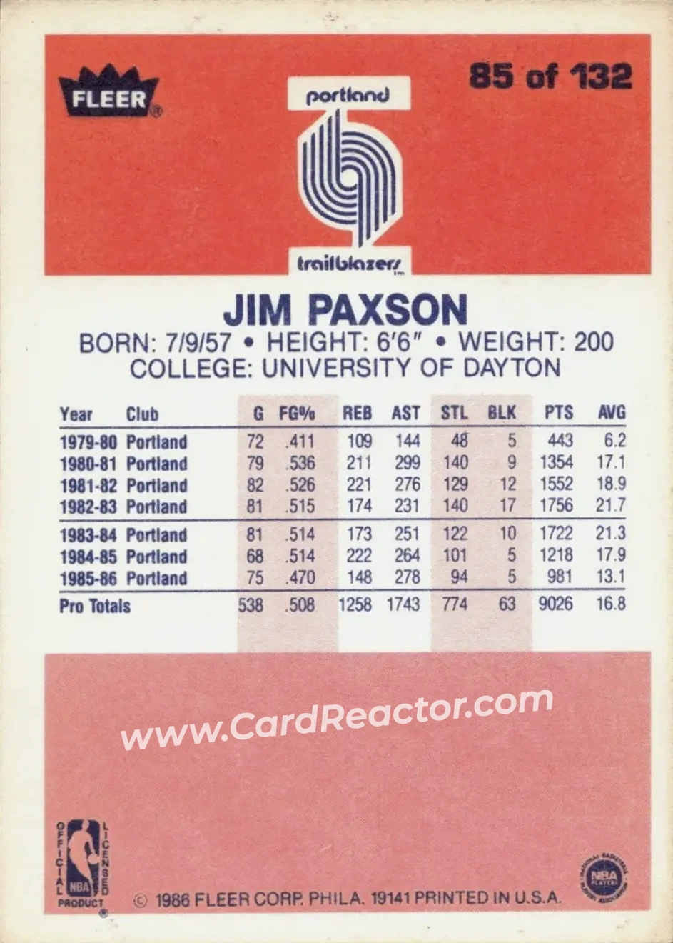 1986-87 Fleer #85 - Jim Paxson - Portland Trail Blazers - Back