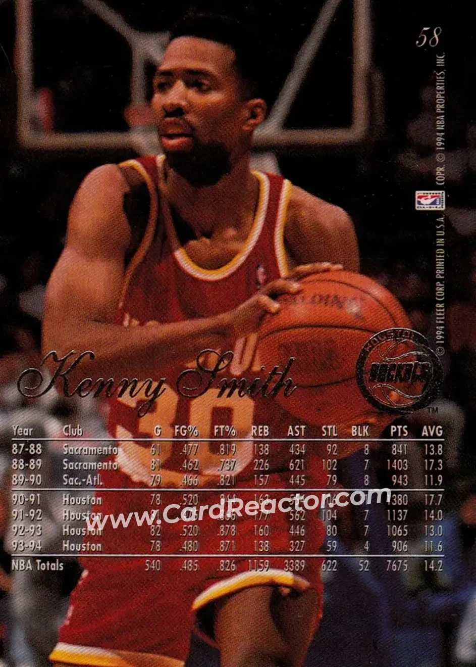 1994-95 Flair #58 - Kenny Smith - Houston Rockets - Back