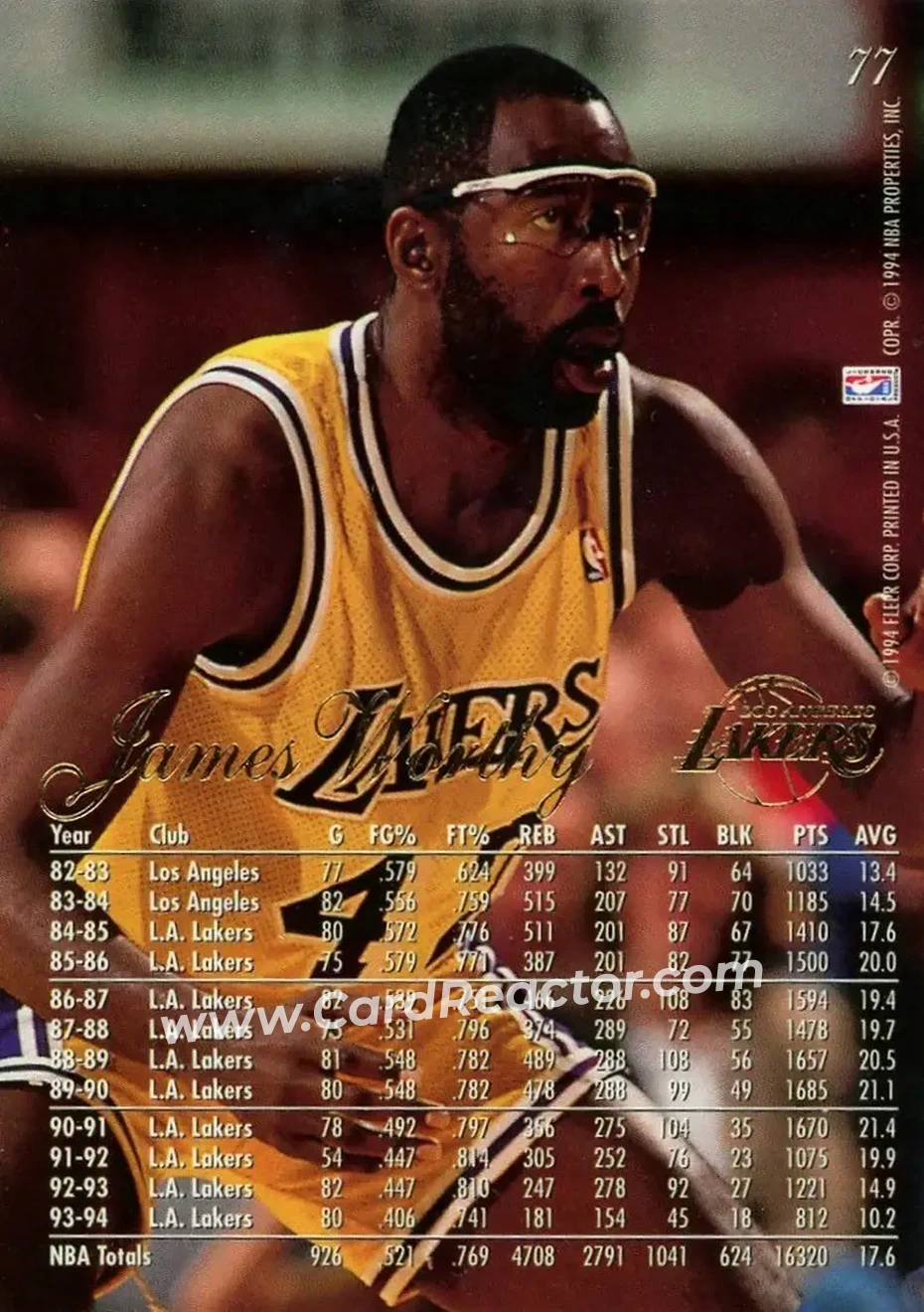 1994-95 Flair #77 - James Worthy - Los Angeles Lakers - Back