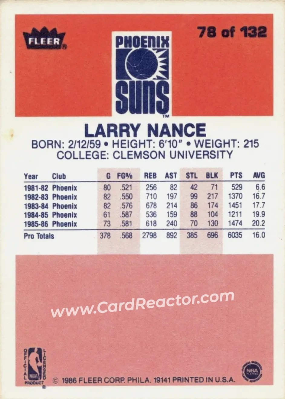 1986-87 Fleer #78 - Larry Nance - Phoenix Suns - Back