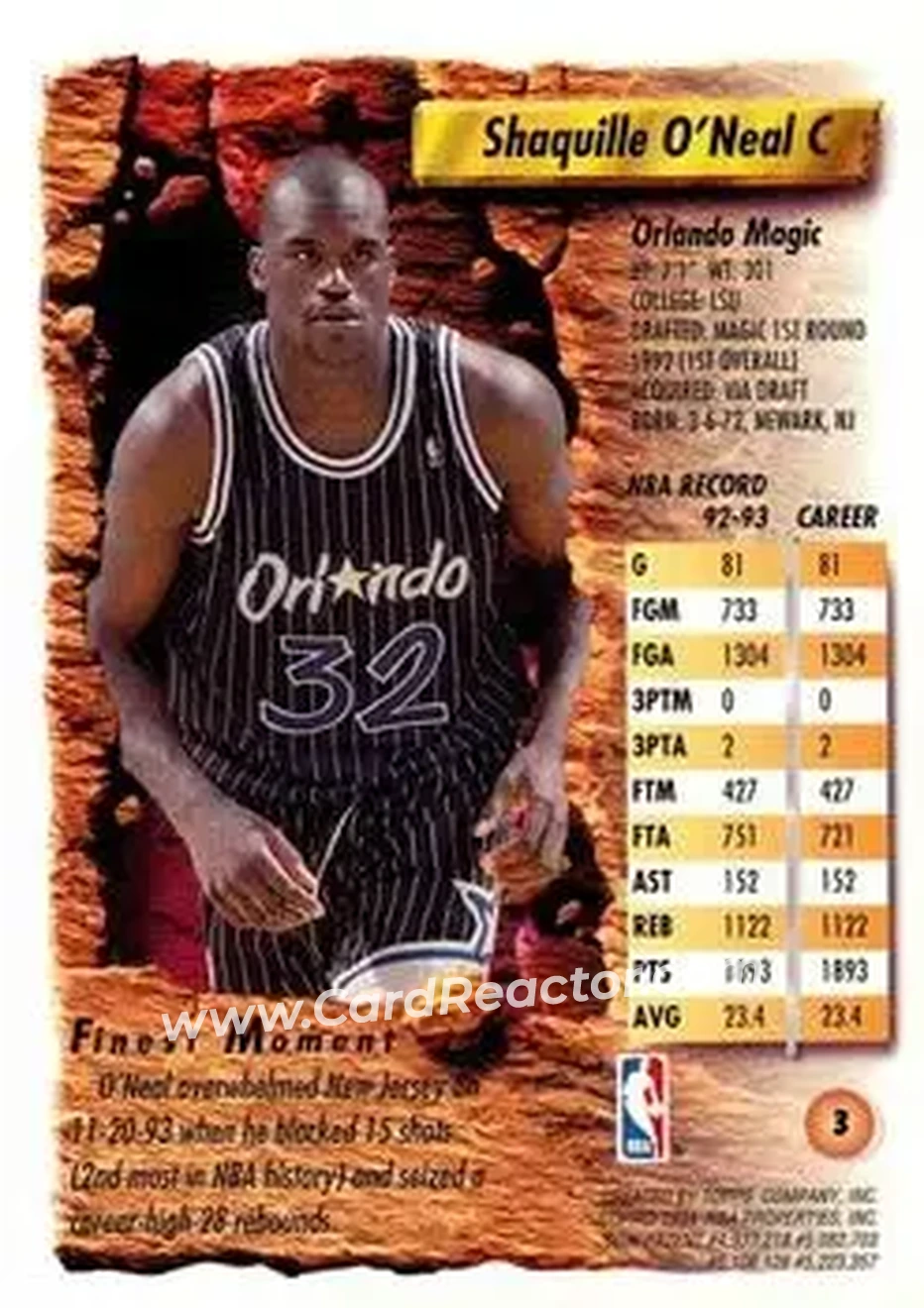1993-94 Finest #3 - Shaquille O'Neal - Orlando Magic - Back