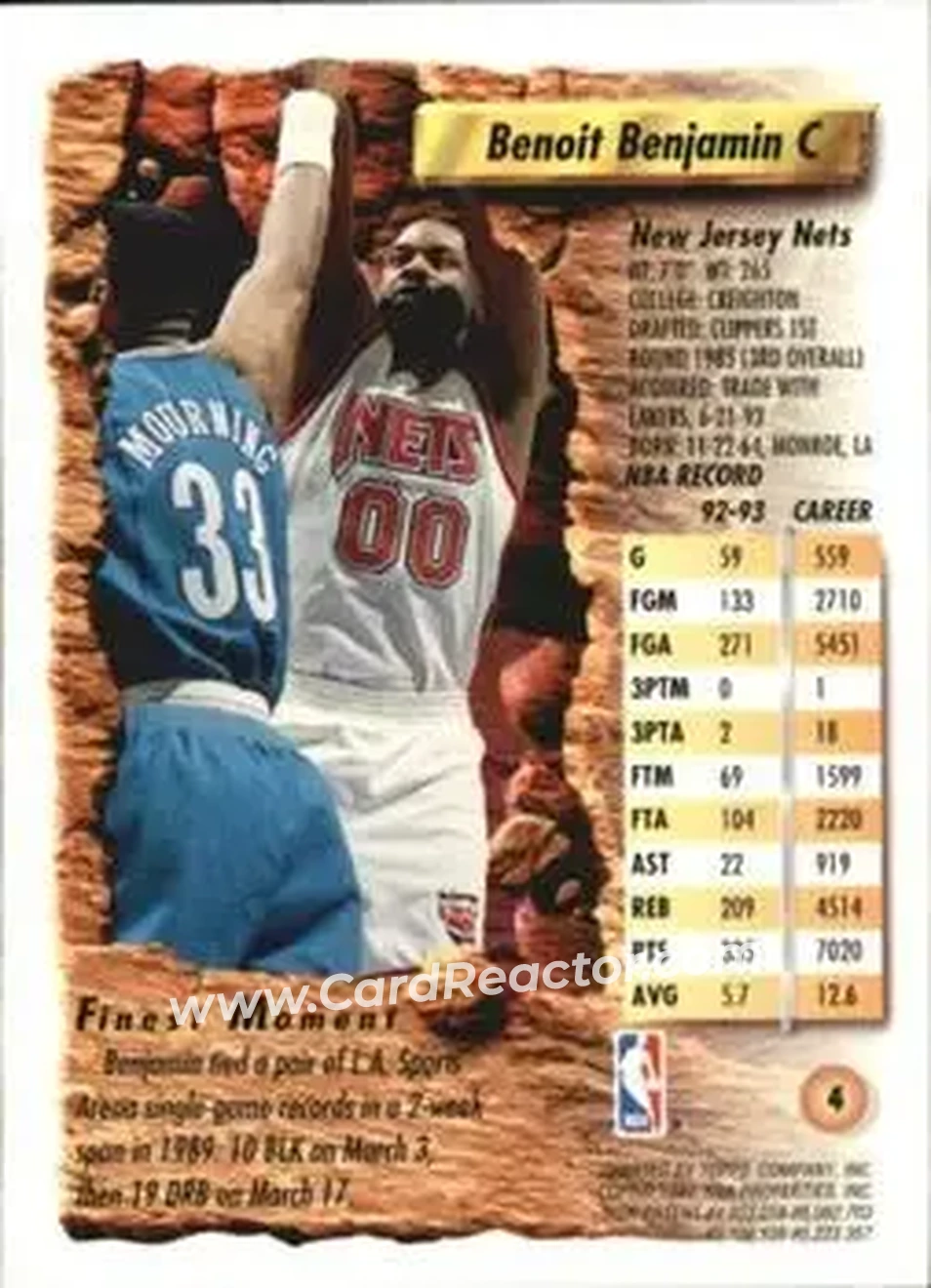 1993-94 Finest #4 - Benoit Benjamin - New Jersey Nets - Back 1993-94 Finest #4 - Benoit Benjamin - New Jersey Nets - Back