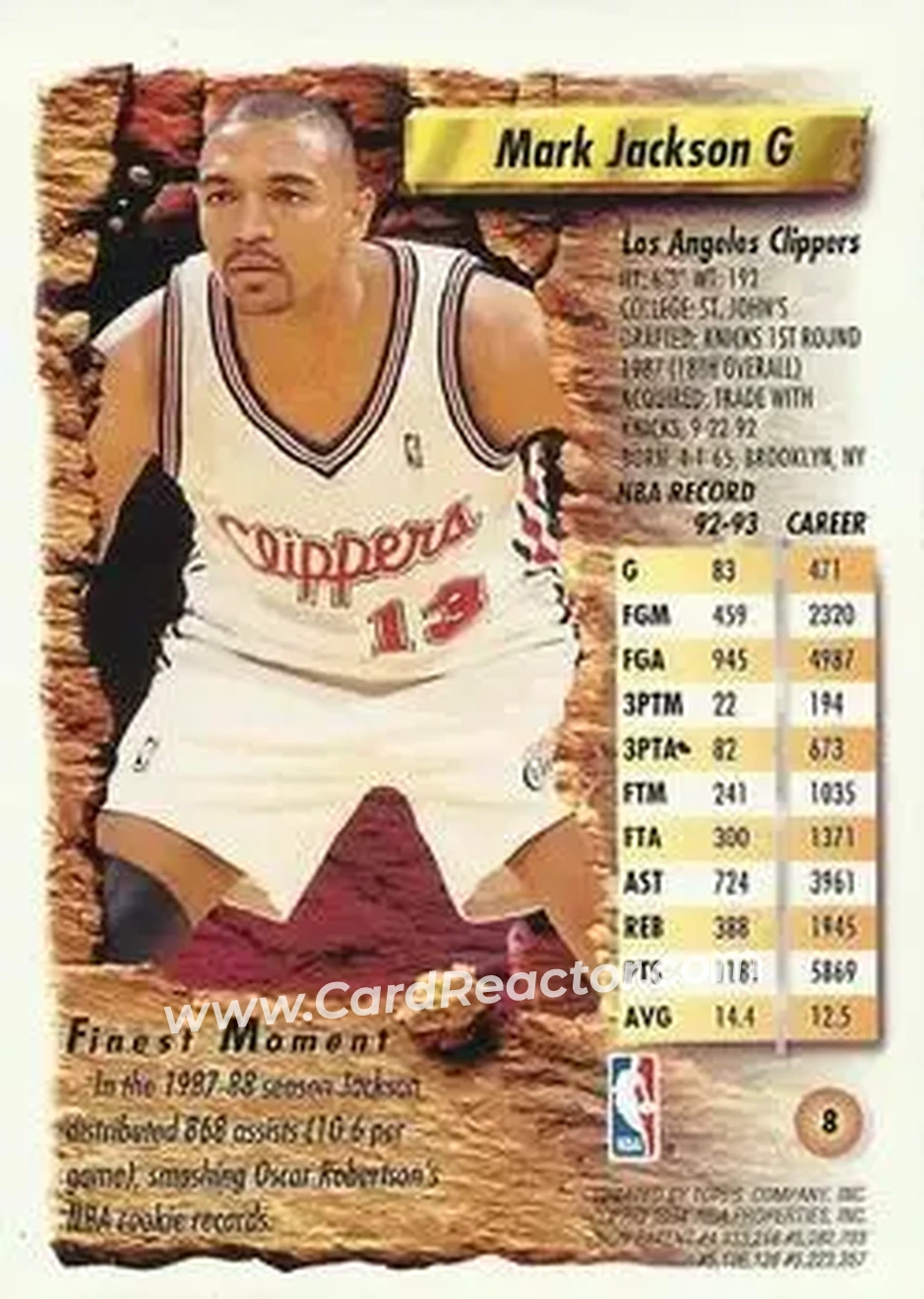 1993-94 Finest #8 - Mark Jackson - Los Angeles Clippers - Back 1993-94 Finest #8 - Mark Jackson - Los Angeles Clippers - Back