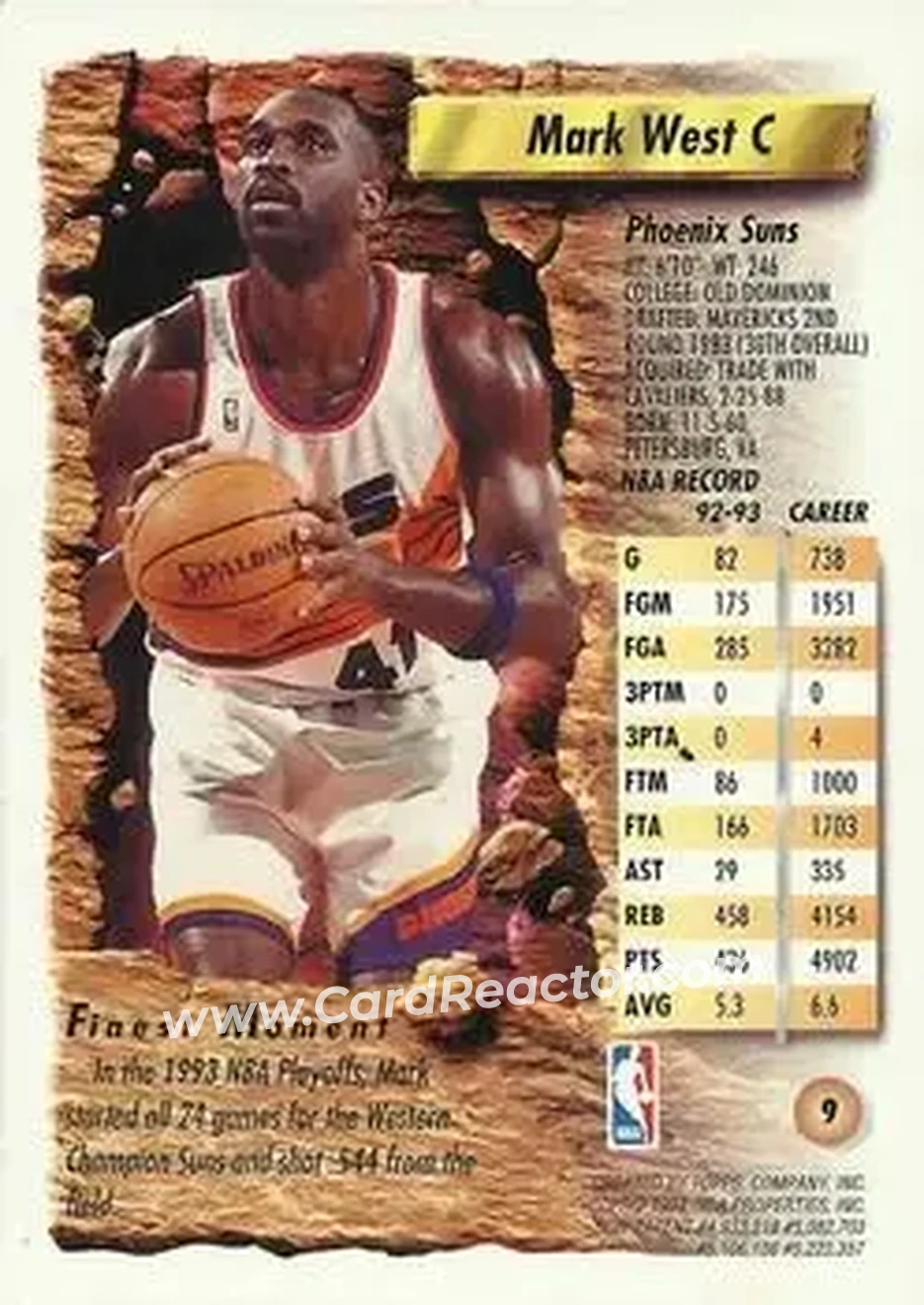 1993-94 Finest #9 - Mark West - Phoenix Suns - Back 1993-94 Finest #9 - Mark West - Phoenix Suns - Back