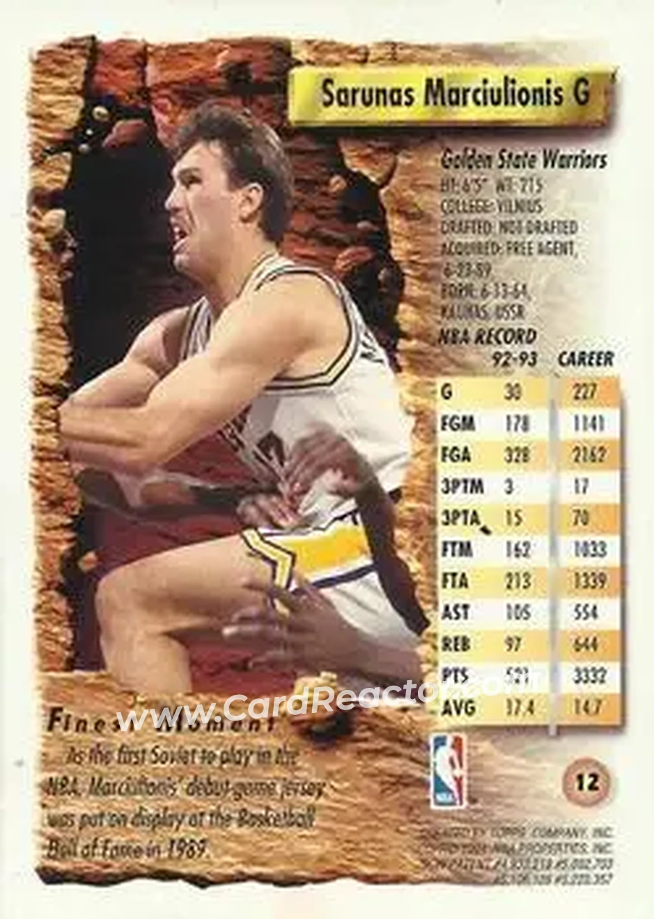 1993-94 Finest #12 - Šarūnas Marčiulionis - Golden State Warriors - Back