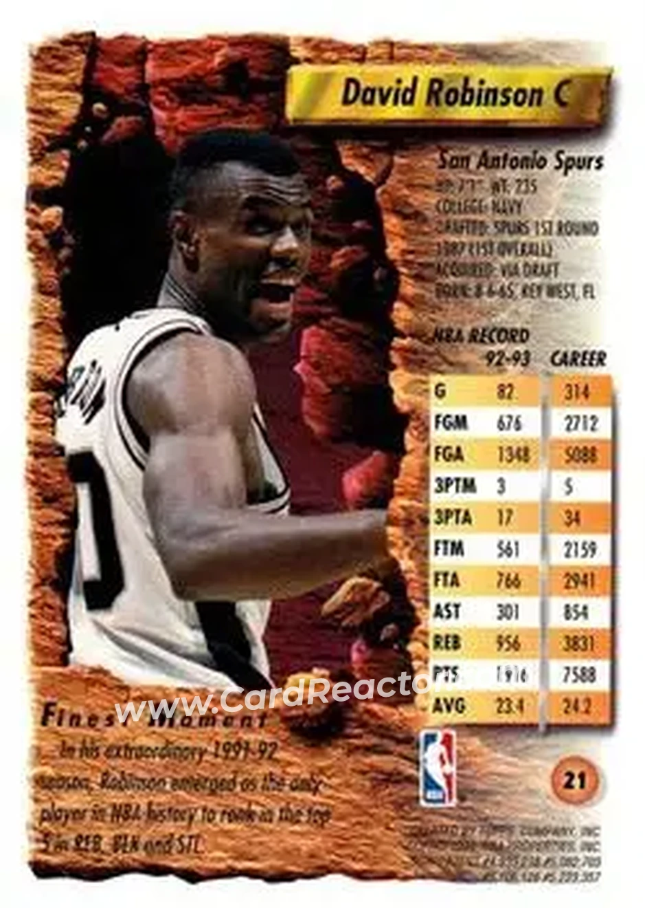 1993-94 Finest #21 - David Robinson - San Antonio Spurs - Back 1993-94 Finest #21 - David Robinson - San Antonio Spurs - Back