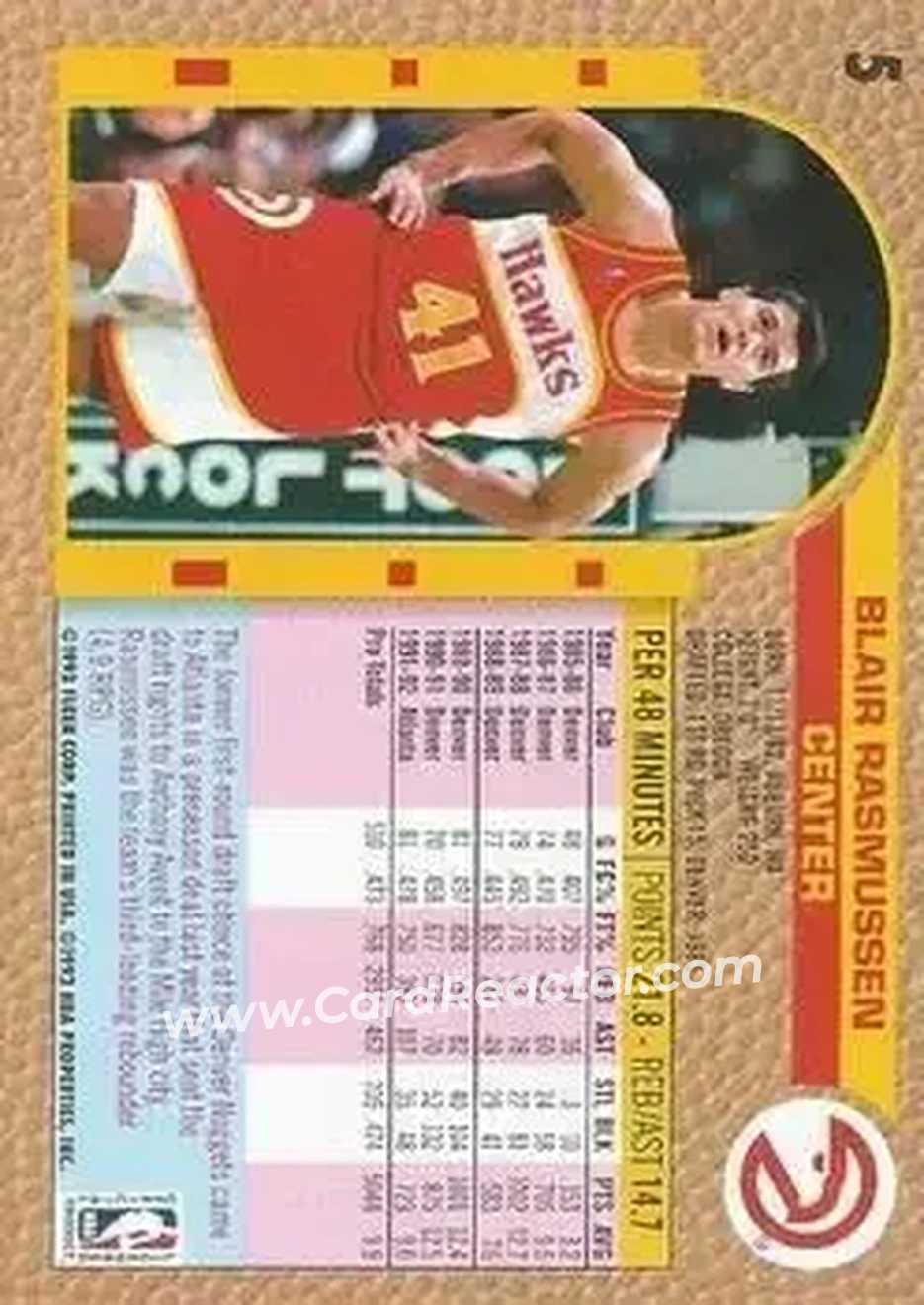 1992-93 Fleer #5 - Blair Rasmussen - Atlanta Hawks - Back 1992-93 Fleer #5 - Blair Rasmussen - Atlanta Hawks - Back
