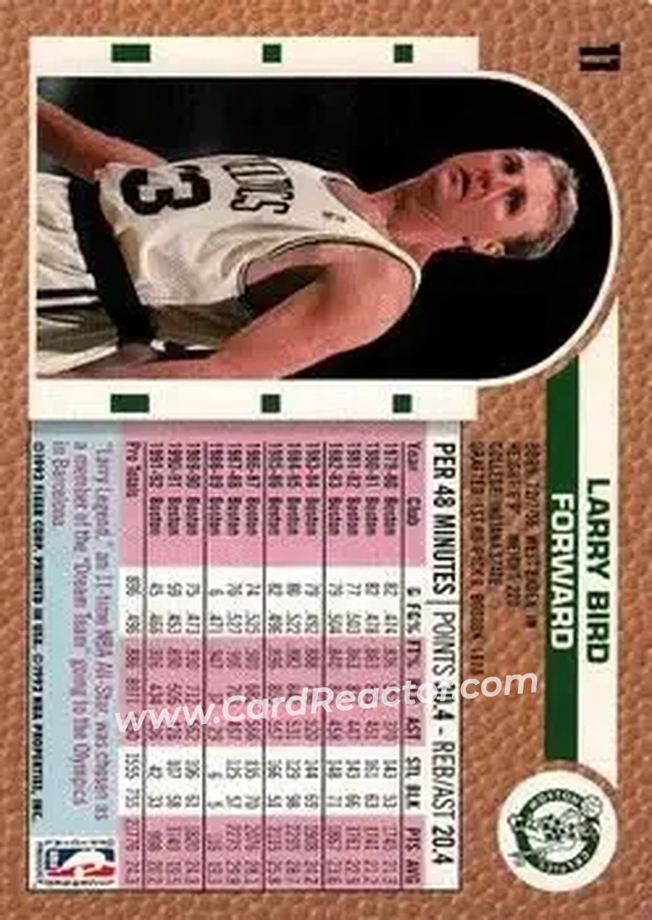 1992-93 Fleer #11 - Larry Bird - Boston Celtics - Back 1992-93 Fleer #11 - Larry Bird - Boston Celtics - Back