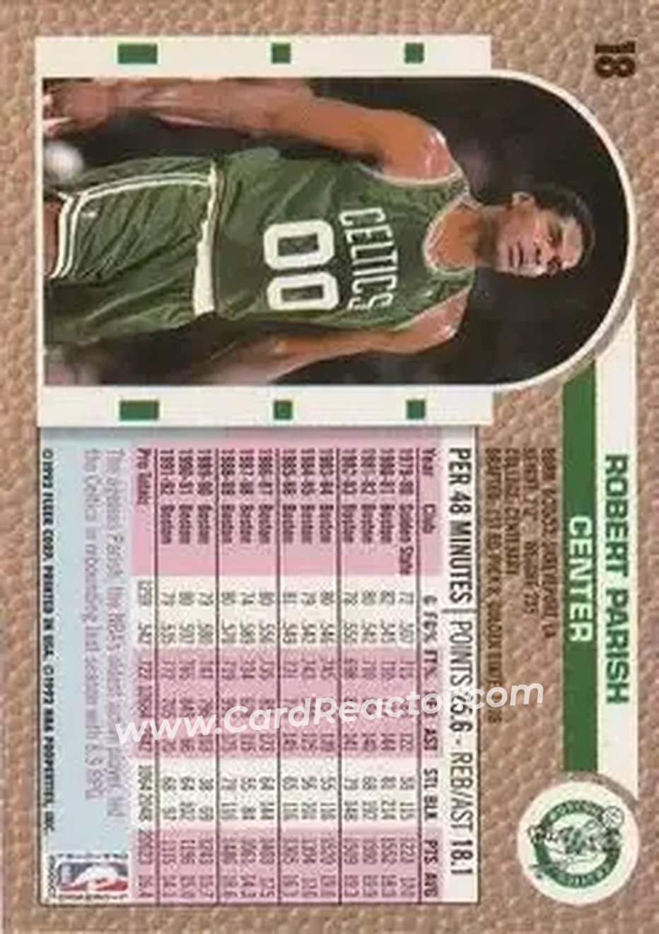1992-93 Fleer #18 - Robert Parish - Boston Celtics - Back 1992-93 Fleer #18 - Robert Parish - Boston Celtics - Back