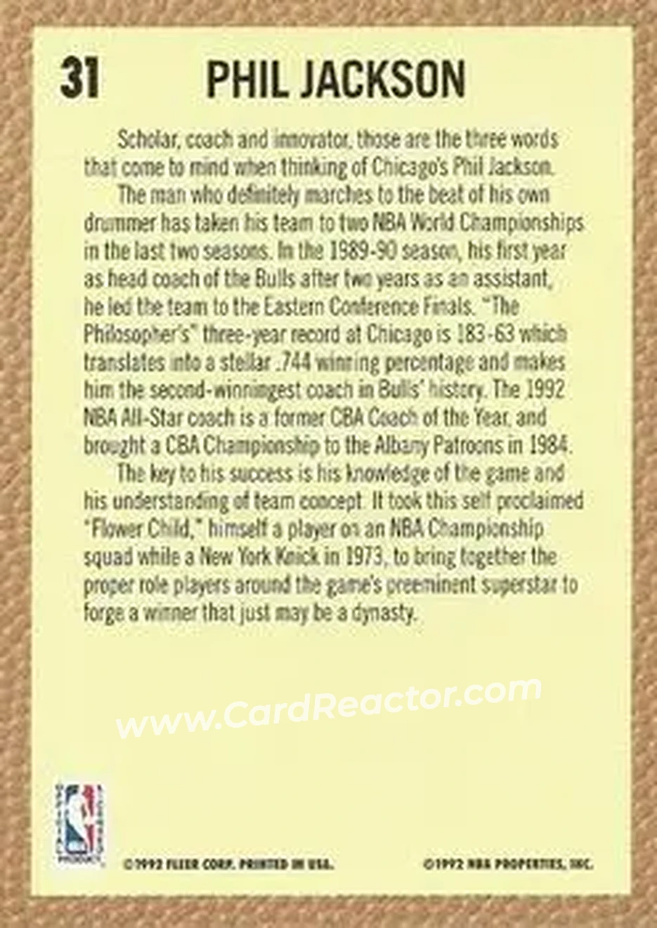 1992-93 Fleer #31 - Phil Jackson - Chicago Bulls - Back
