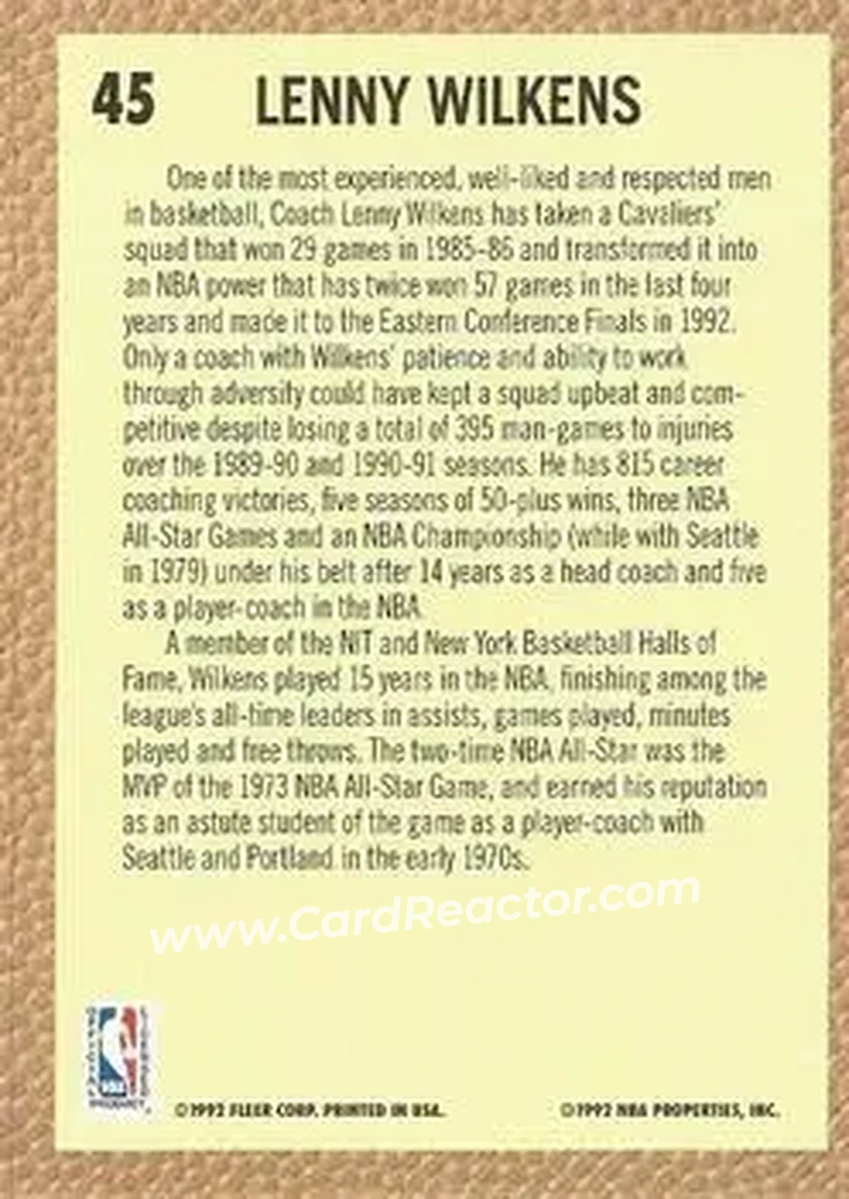 1992-93 Fleer #45 - Lenny Wilkens - Cleveland Cavaliers - Back