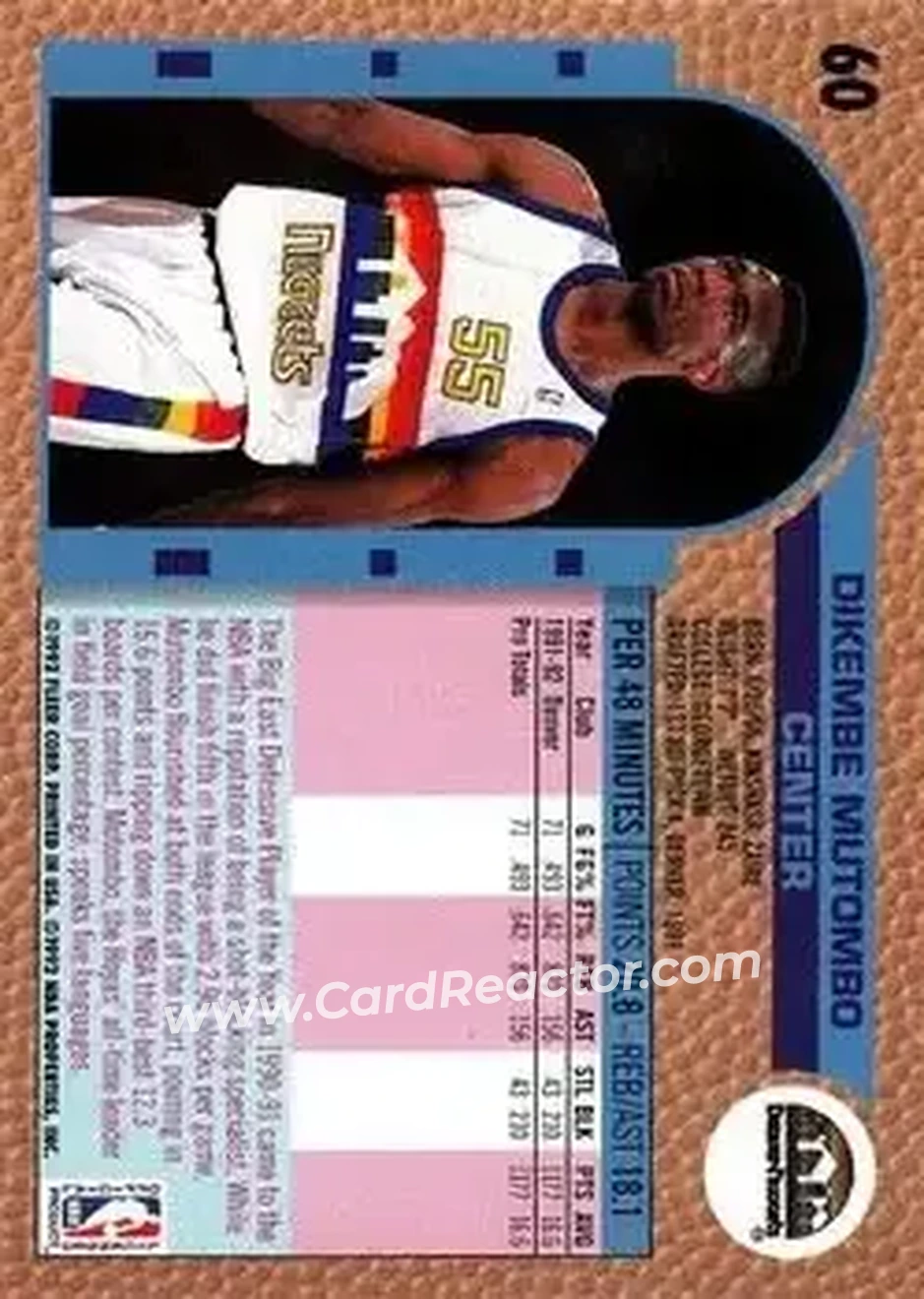 1992-93 Fleer #60 - Dikembe Mutombo - Denver Nuggets - Back