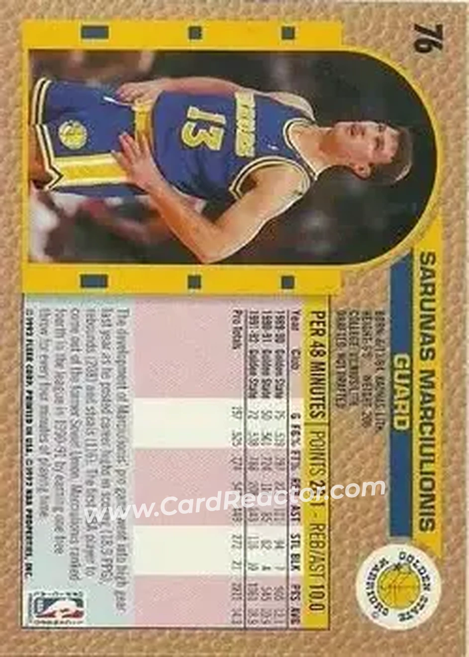 1992-93 Fleer #76 - Šarūnas Marčiulionis - Golden State Warriors - Back