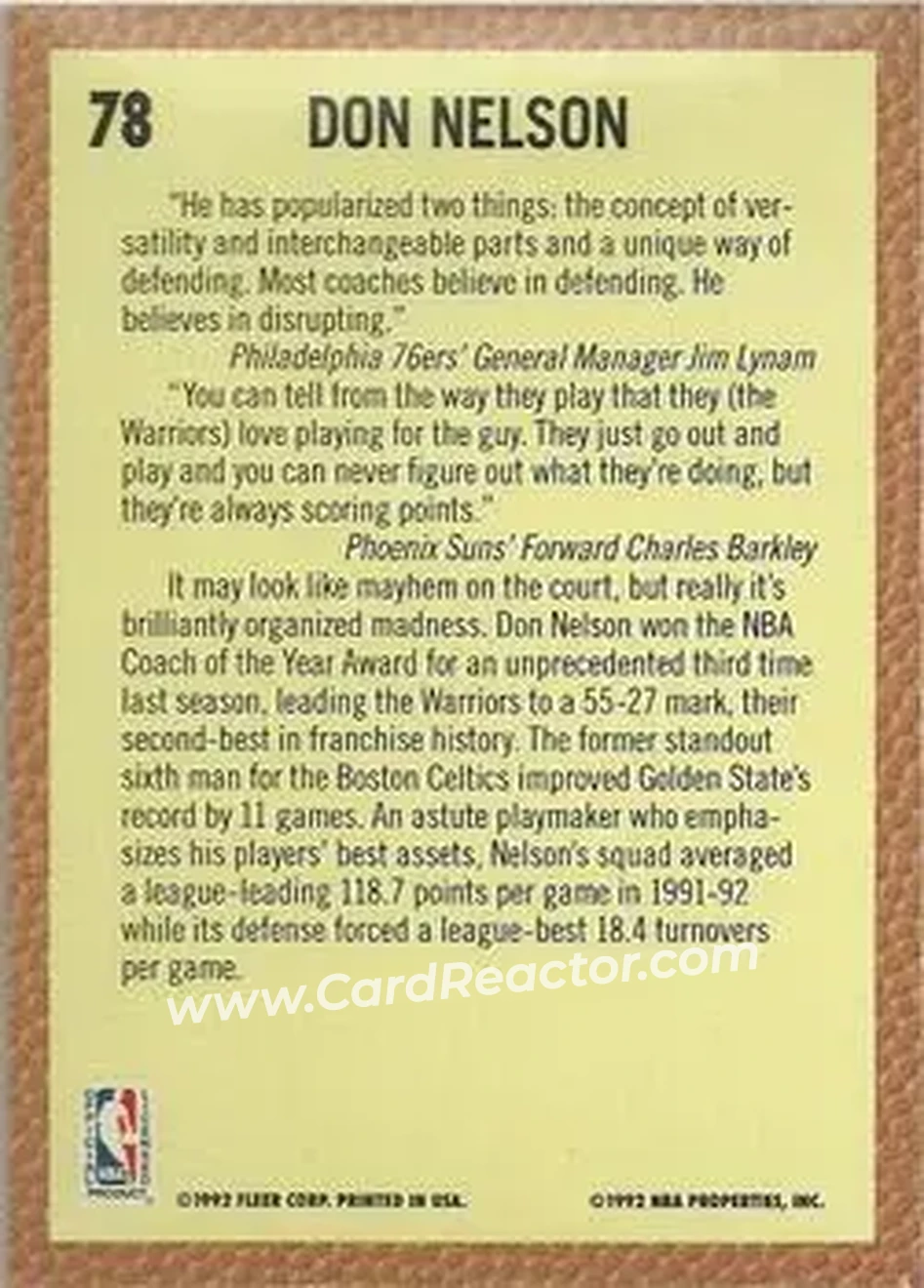 1992-93 Fleer #78 - Don Nelson - Golden State Warriors - Back 1992-93 Fleer #78 - Don Nelson - Golden State Warriors - Back