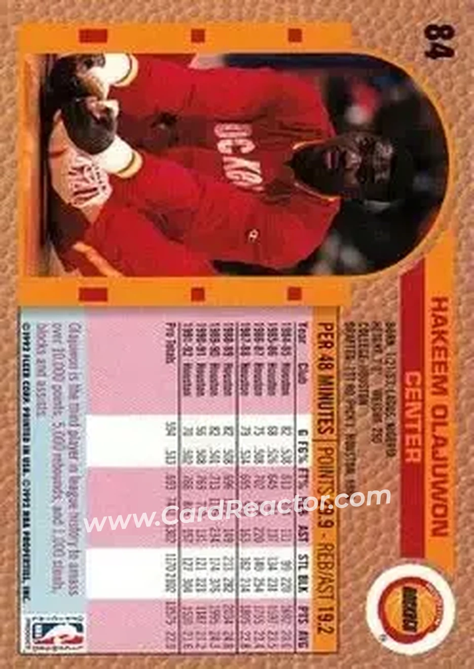 1992-93 Fleer #84 - Hakeem Olajuwon - Houston Rockets - Back 1992-93 Fleer #84 - Hakeem Olajuwon - Houston Rockets - Back