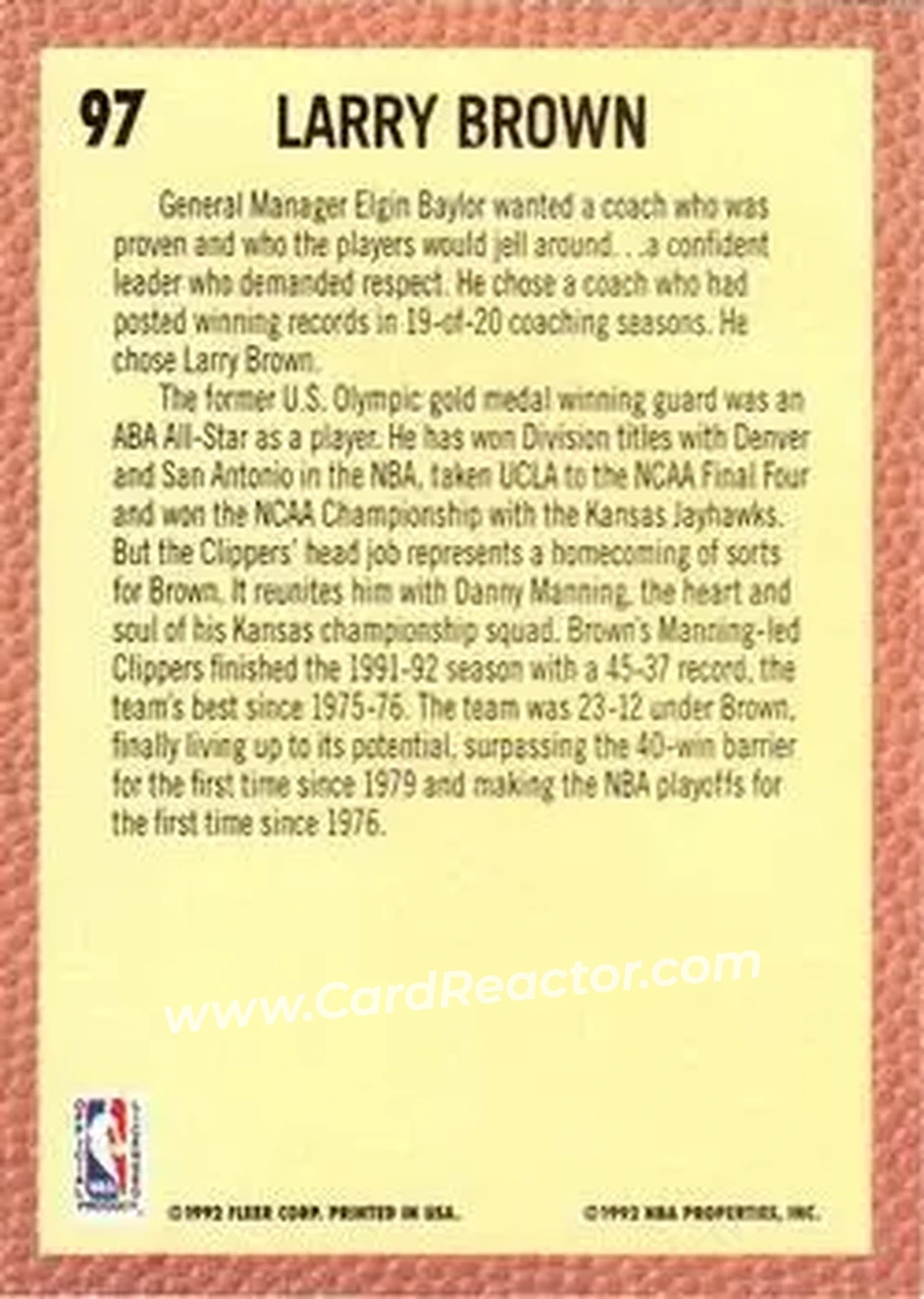 1992-93 Fleer #97 - Larry Brown - Los Angeles Clippers - Back