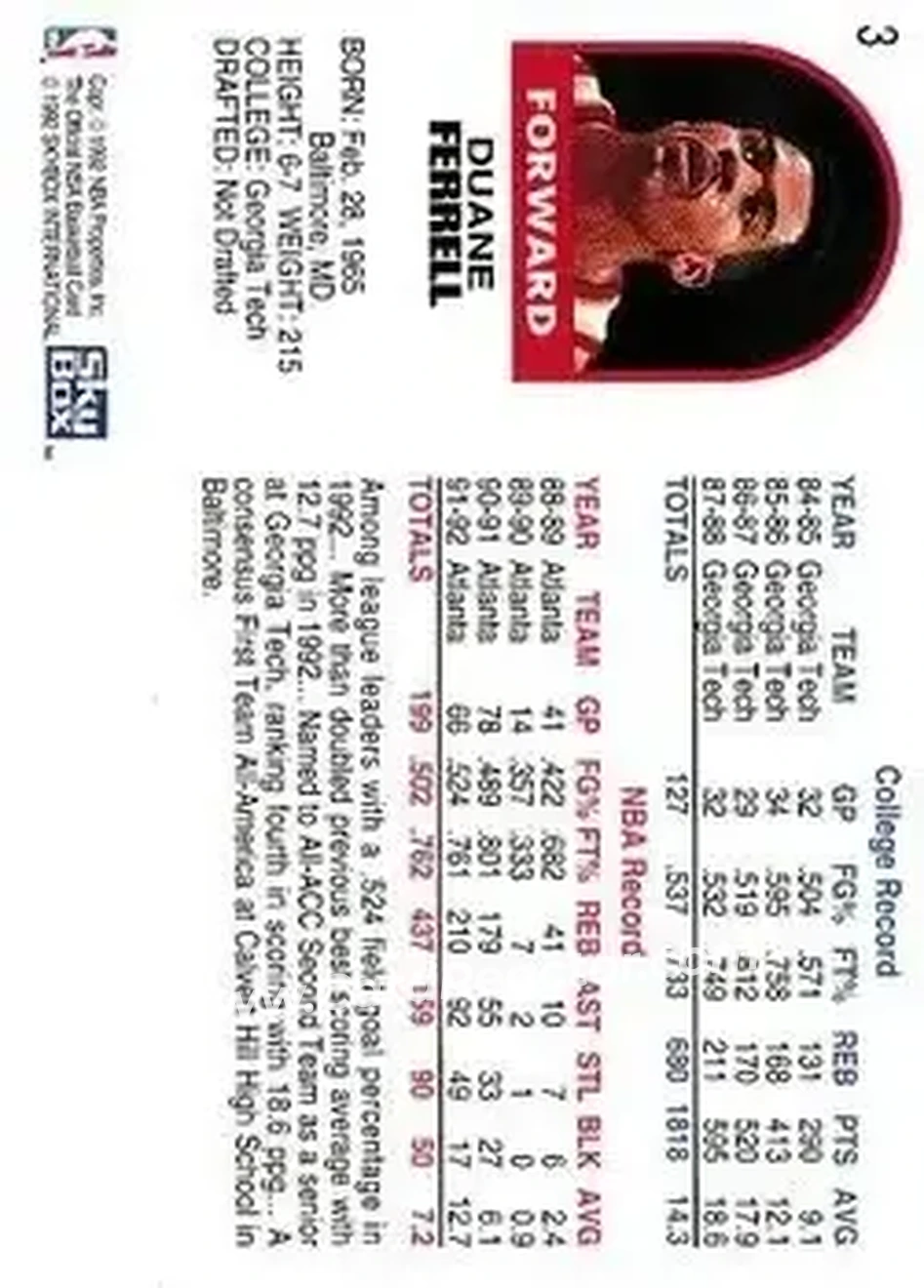 1992-93 Hoops #3 - Duane Ferrell - Atlanta Hawks - Back 1992-93 Hoops #3 - Duane Ferrell - Atlanta Hawks - Back