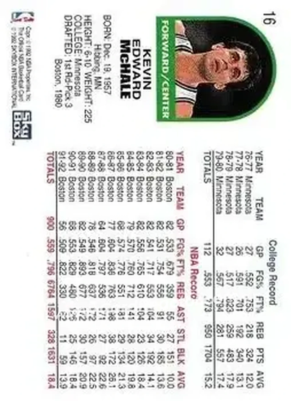 1992-93 Hoops #16 - Kevin McHale - Boston Celtics - Back 1992-93 Hoops #16 - Kevin McHale - Boston Celtics - Back