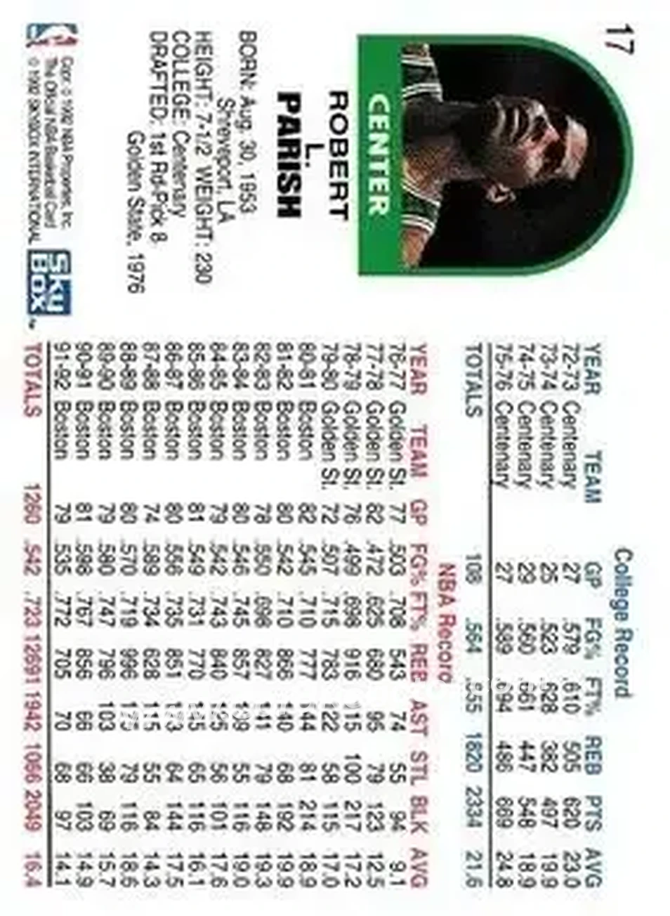 1992-93 Hoops #17 - Robert Parish - Boston Celtics - Back 1992-93 Hoops #17 - Robert Parish - Boston Celtics - Back