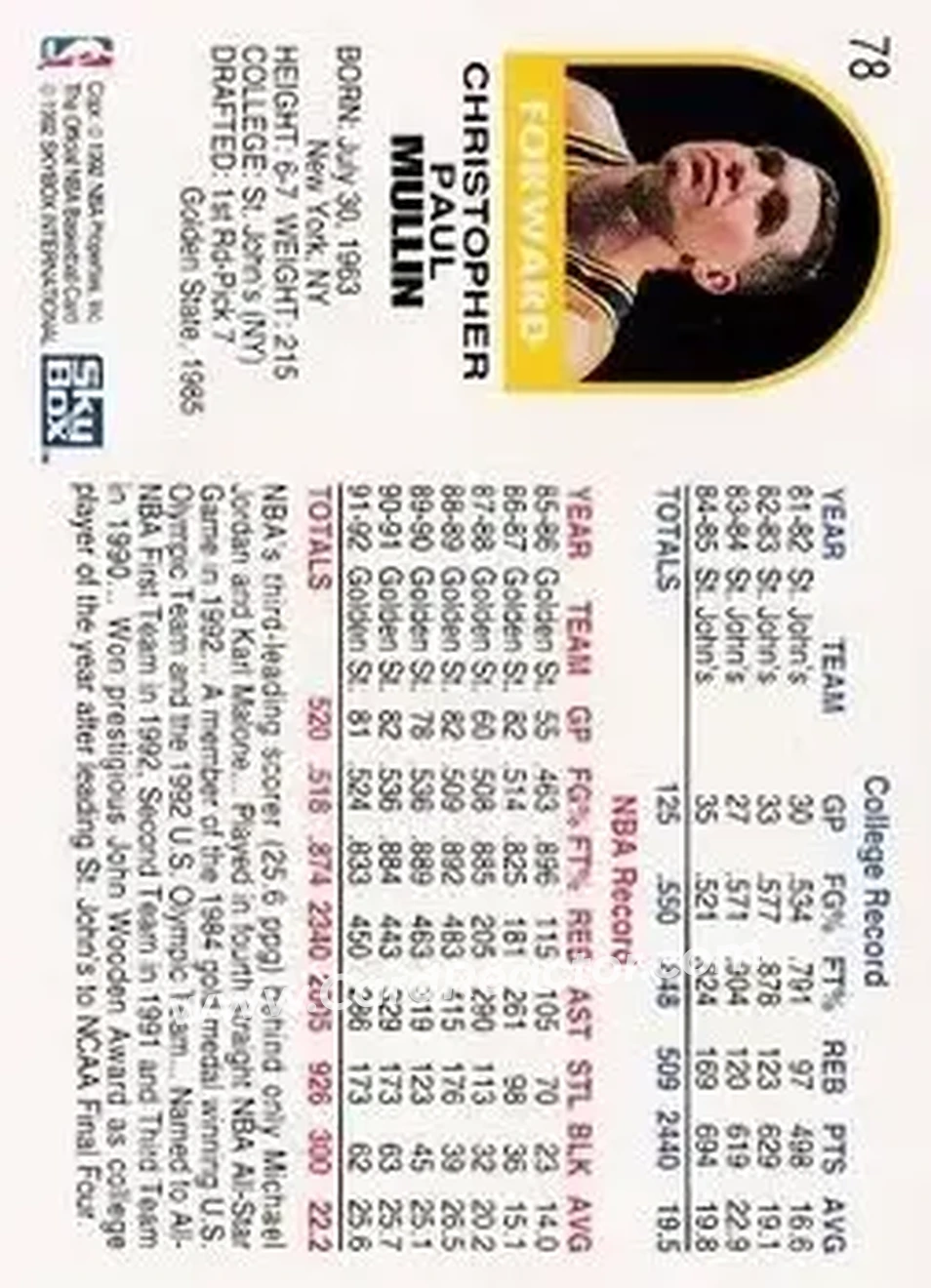1992-93 Hoops #78 - Chris Mullin - Golden State Warriors - Back 1992-93 Hoops #78 - Chris Mullin - Golden State Warriors - Back