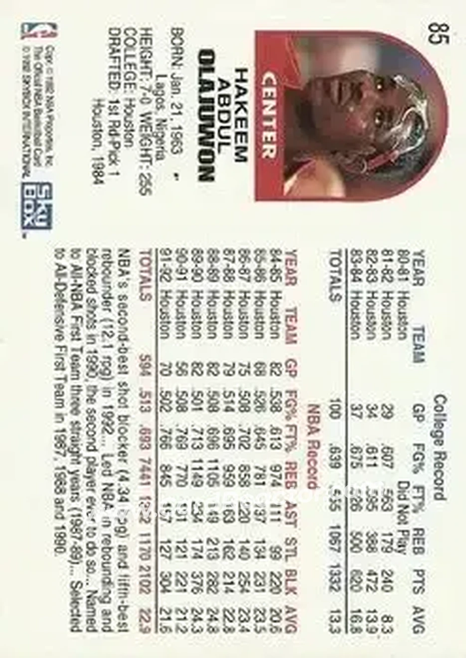 1992-93 Hoops #85 - Hakeem Olajuwon - Houston Rockets - Back 1992-93 Hoops #85 - Hakeem Olajuwon - Houston Rockets - Back