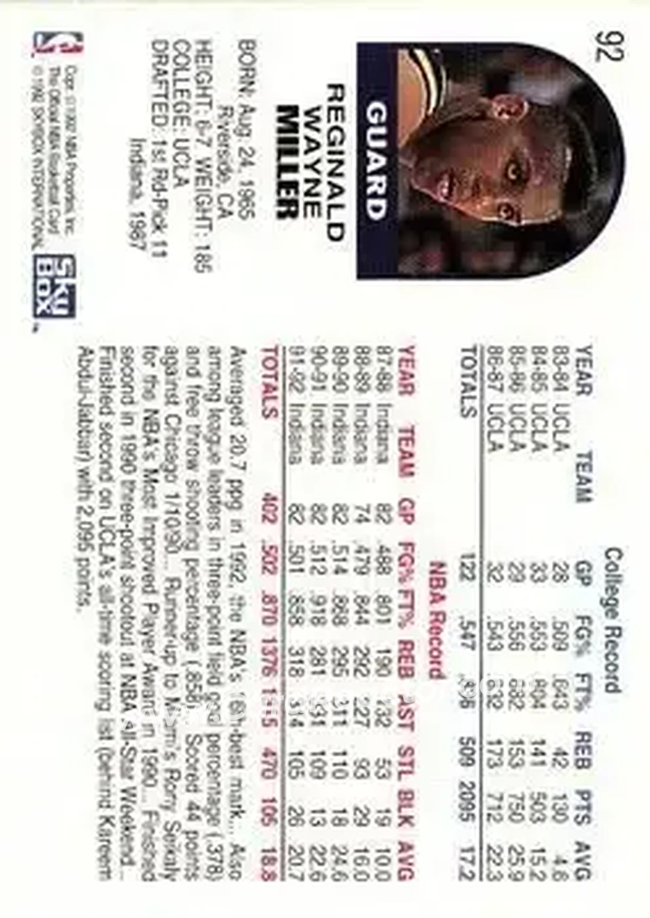 1992-93 Hoops #92 - Reggie Miller - Indiana Pacers - Back