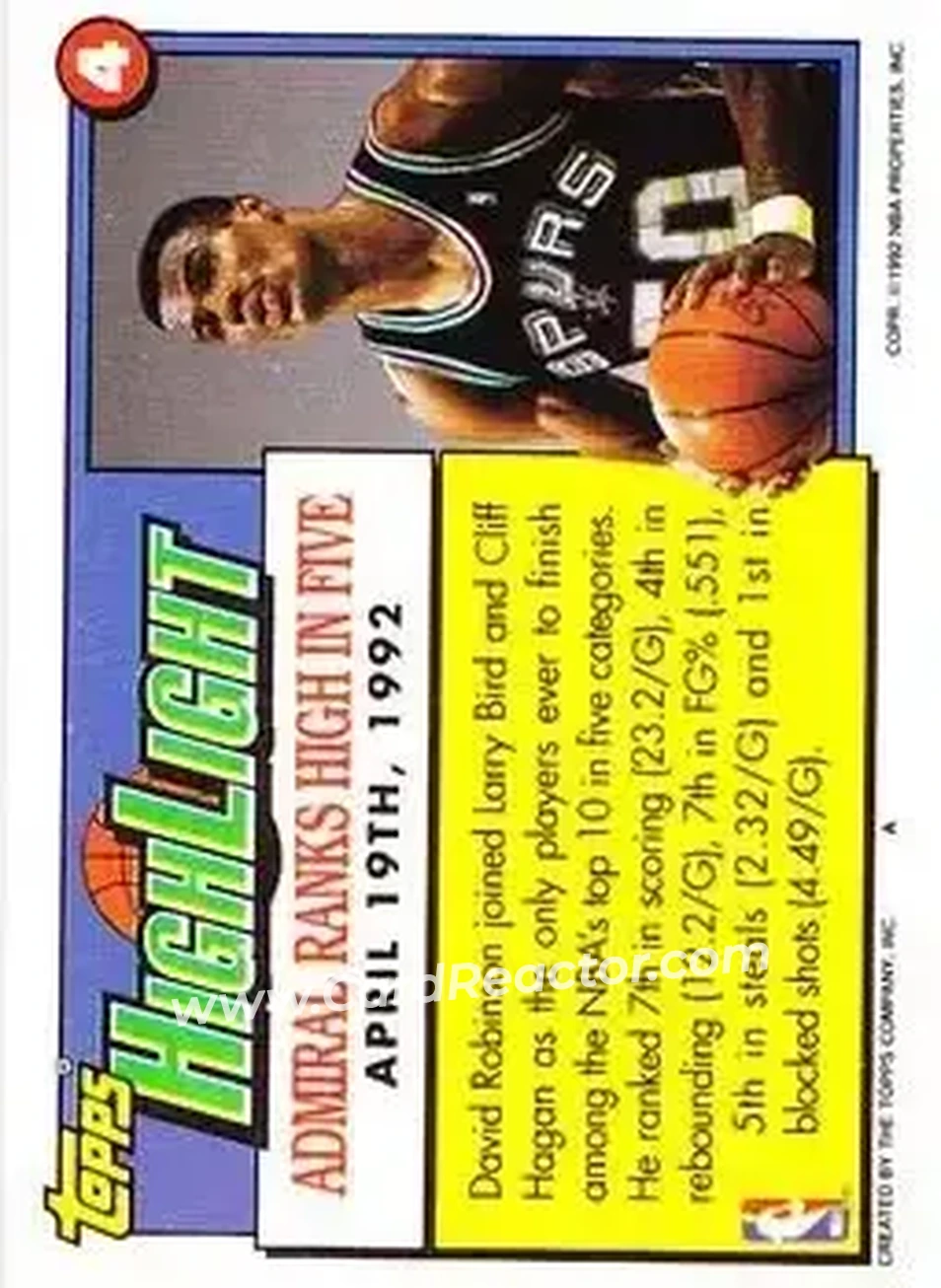 1992-93 Topps #4 - David Robinson - San Antonio Spurs - Back