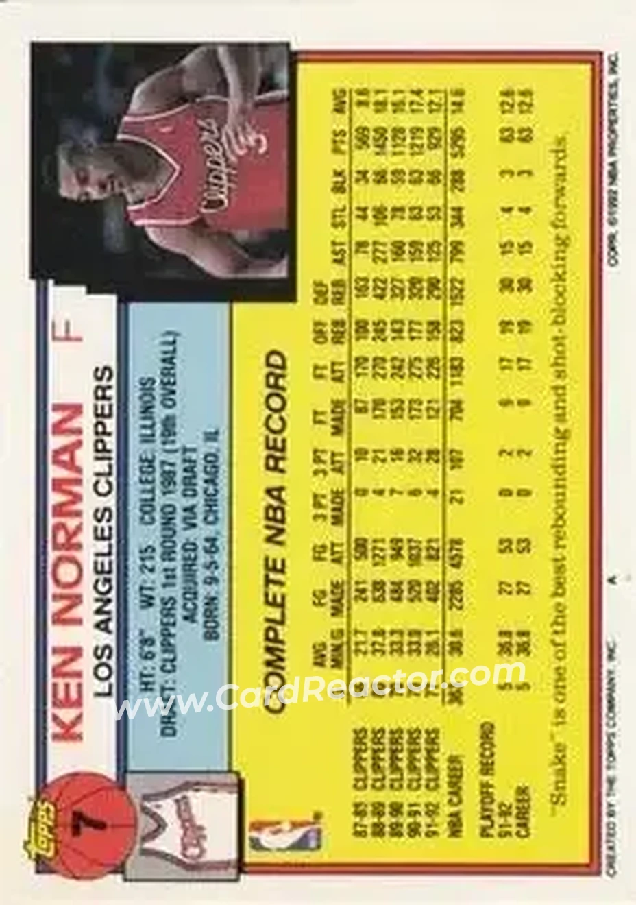 1992-93 Topps #7 - Ken Norman - Los Angeles Clippers - Back