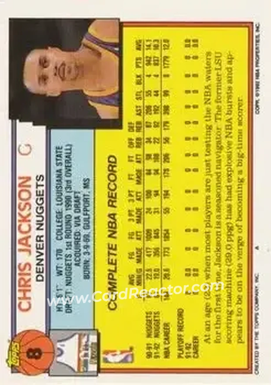 1992-93 Topps #8 - Mahmoud Abdul-Rauf - Denver Nuggets - Back