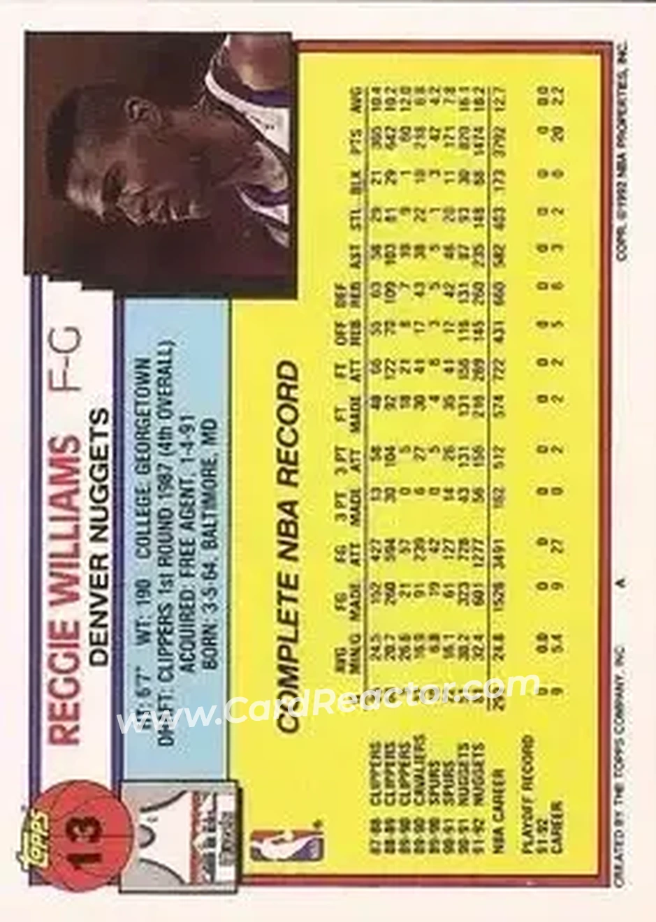 1992-93 Topps #13 - Reggie WIlliams - Denver Nuggets - Back