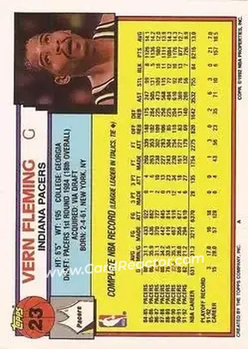 1992-93 Topps #23 - Vern Fleming - Indiana Pacers - Back
