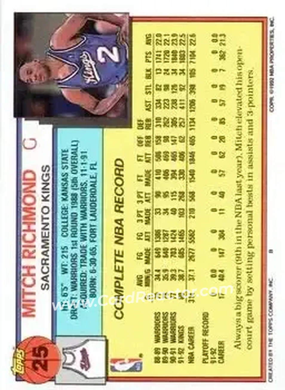 1992-93 Topps #25 - Mitch Richmond - Sacramento Kings - Back