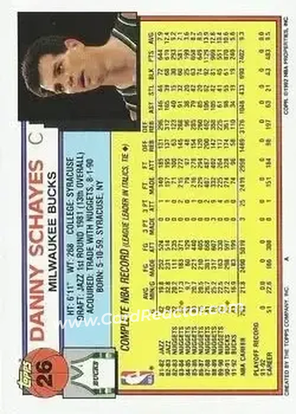 1992-93 Topps #26 - Danny Schayes - Milwaukee Bucks - Back