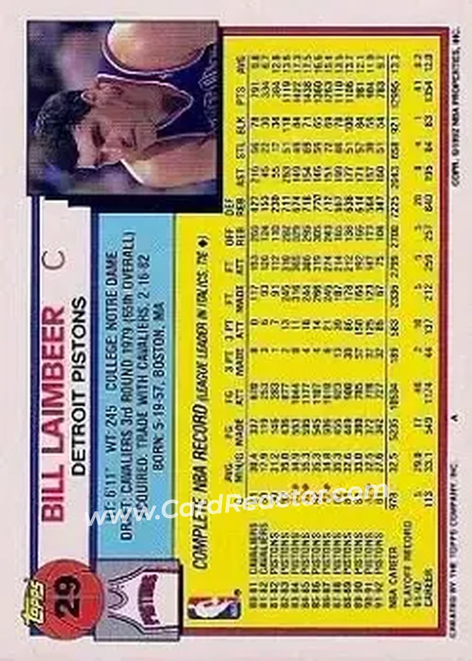 1992-93 Topps #29 - Bill Laimbeer - Detroit Pistons - Back