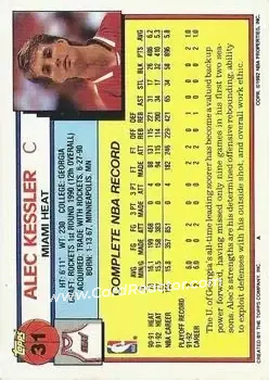 1992-93 Topps #31 - Alec Kessler - Miami Heat - Back