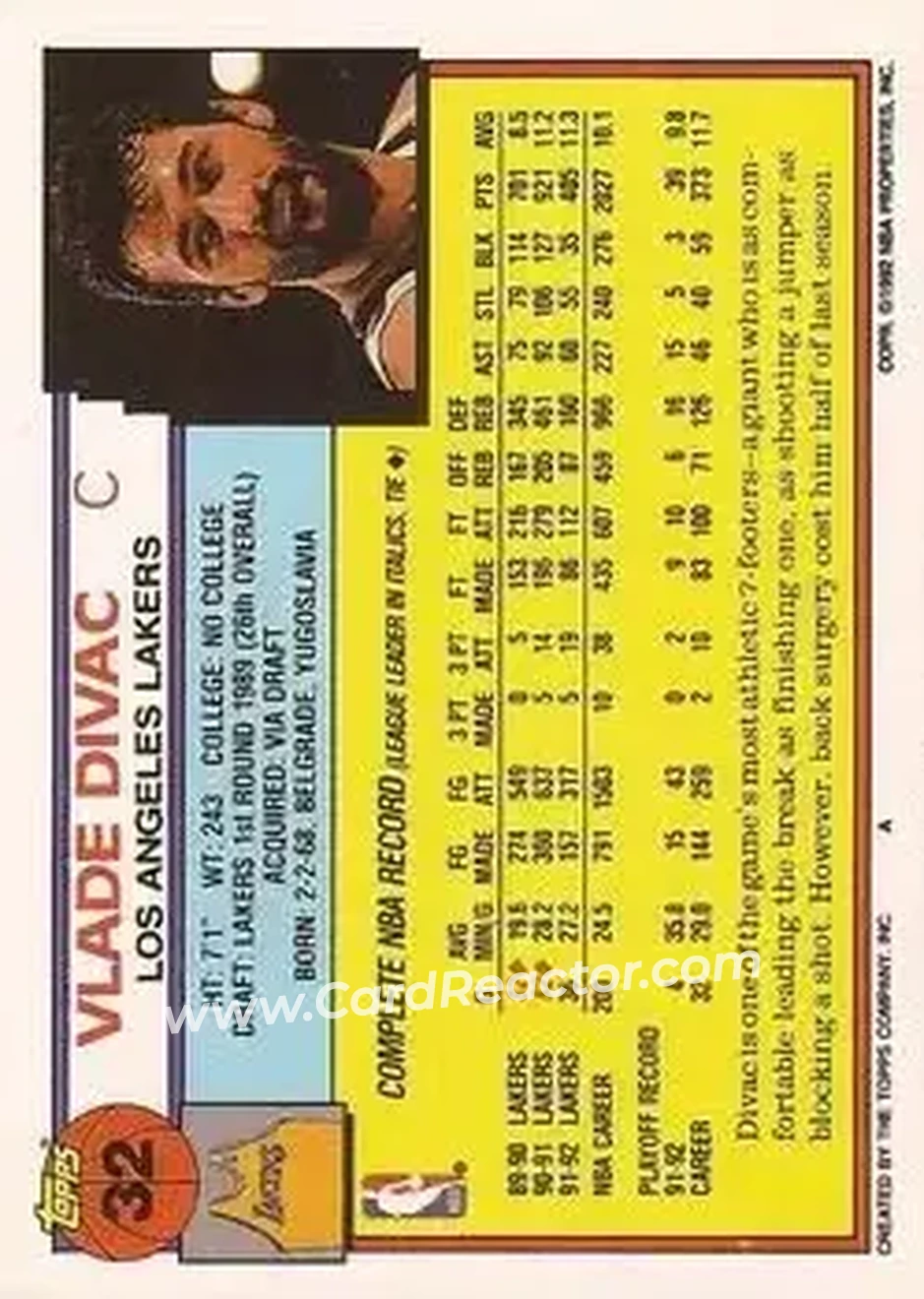 1992-93 Topps #32 - Vlade Divac - Los Angeles Lakers - Back
