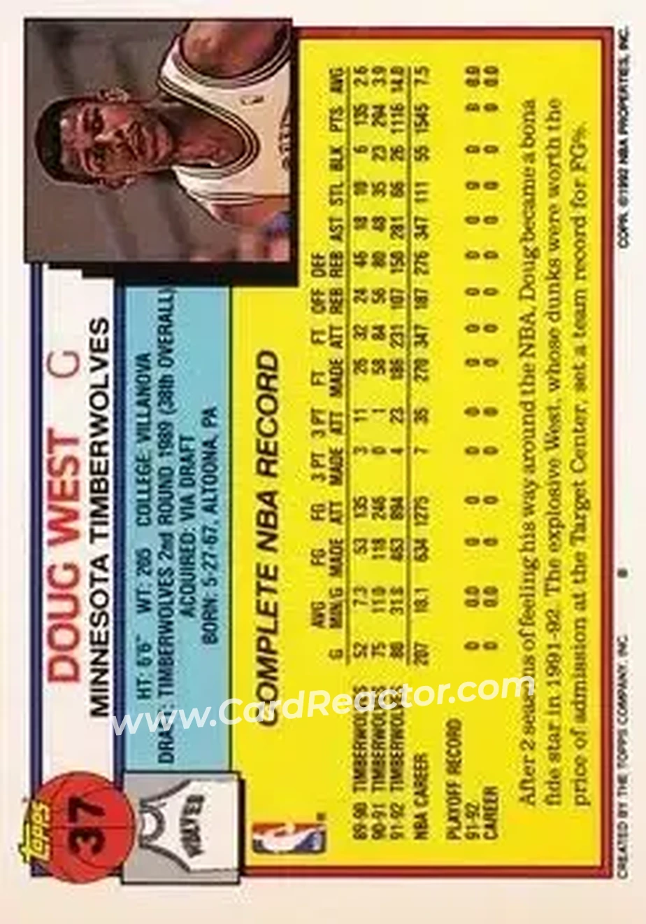 1992-93 Topps #37 - Doug West - Minnesota Timberwolves - Back