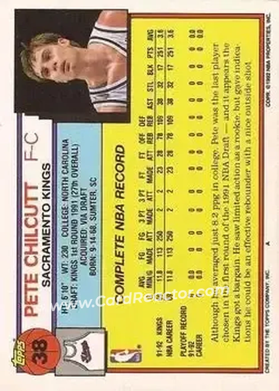 1992-93 Topps #38 - Pete Chilcutt - Sacramento Kings - Back