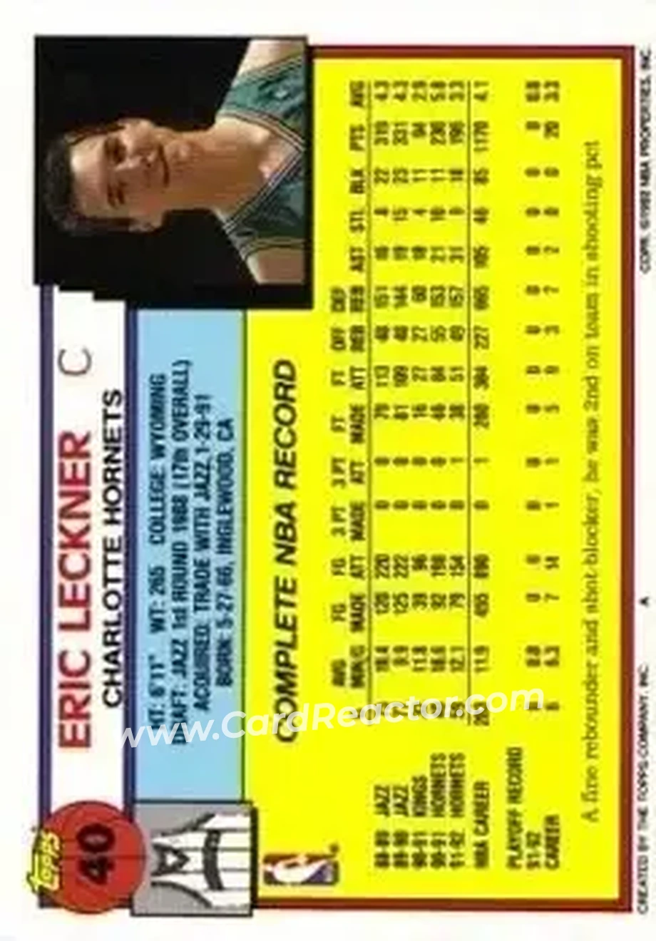 1992-93 Topps #40 - Eric Leckner - Charlotte Hornets - Back