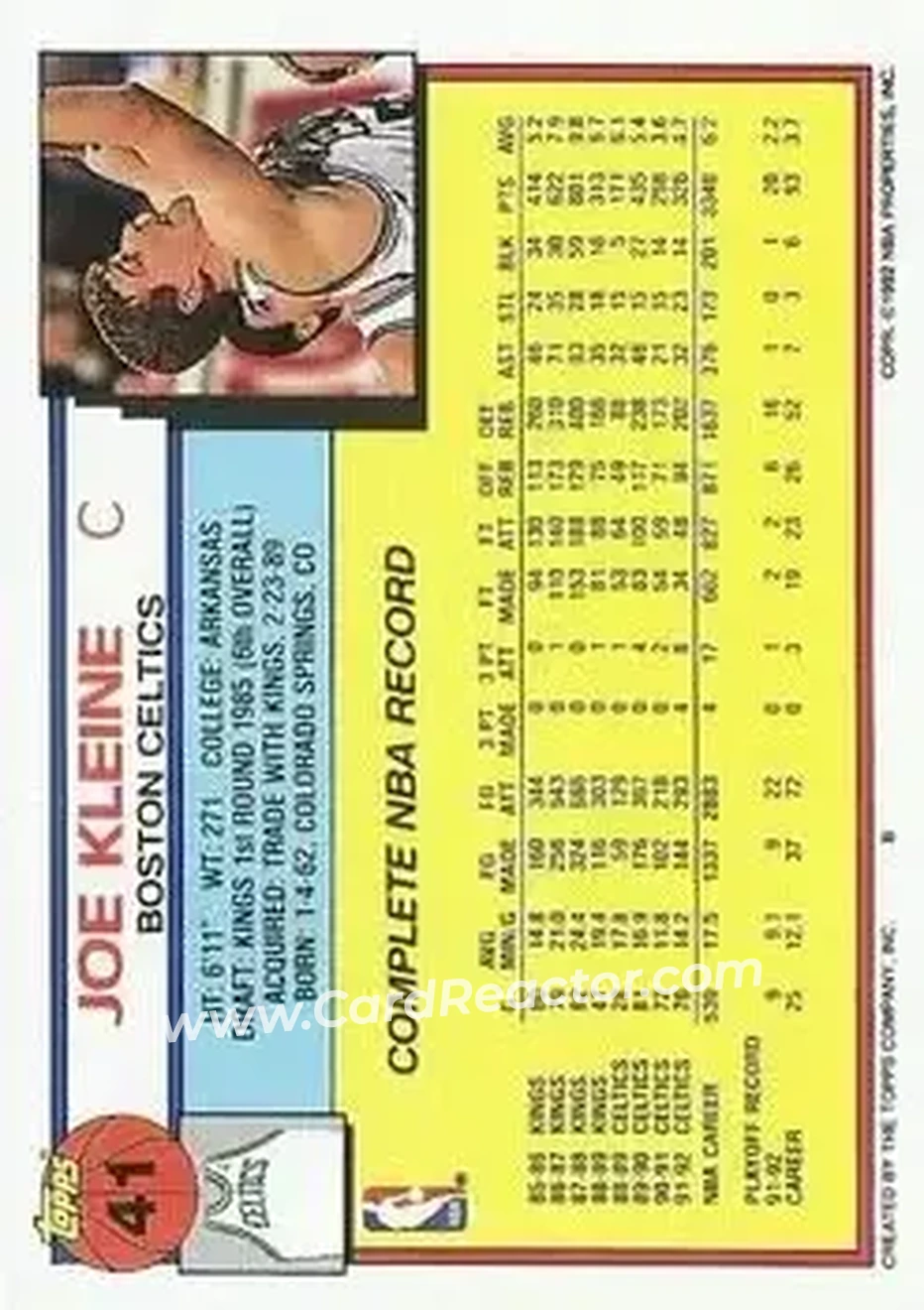 1992-93 Topps #41 - Joe Kleine - Boston Celtics - Back