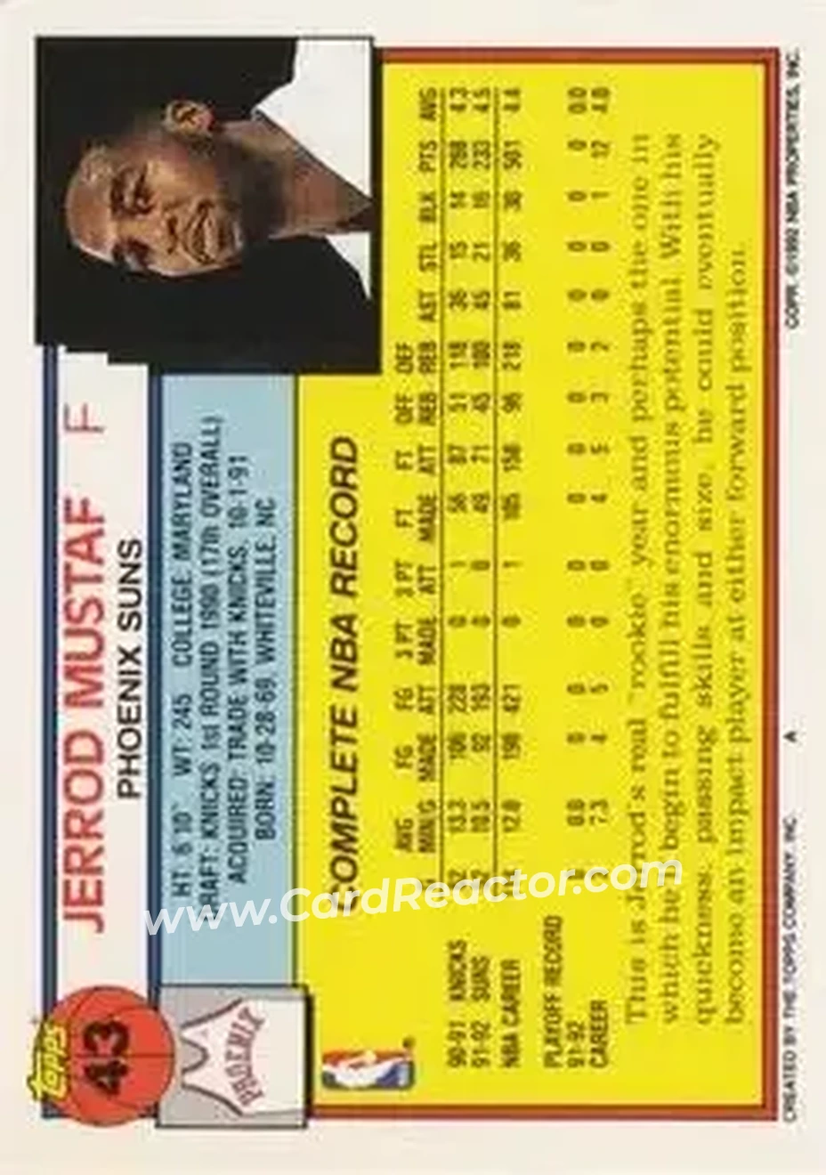 1992-93 Topps #43 - Jerrod Mustaf - Phoenix Suns - Back