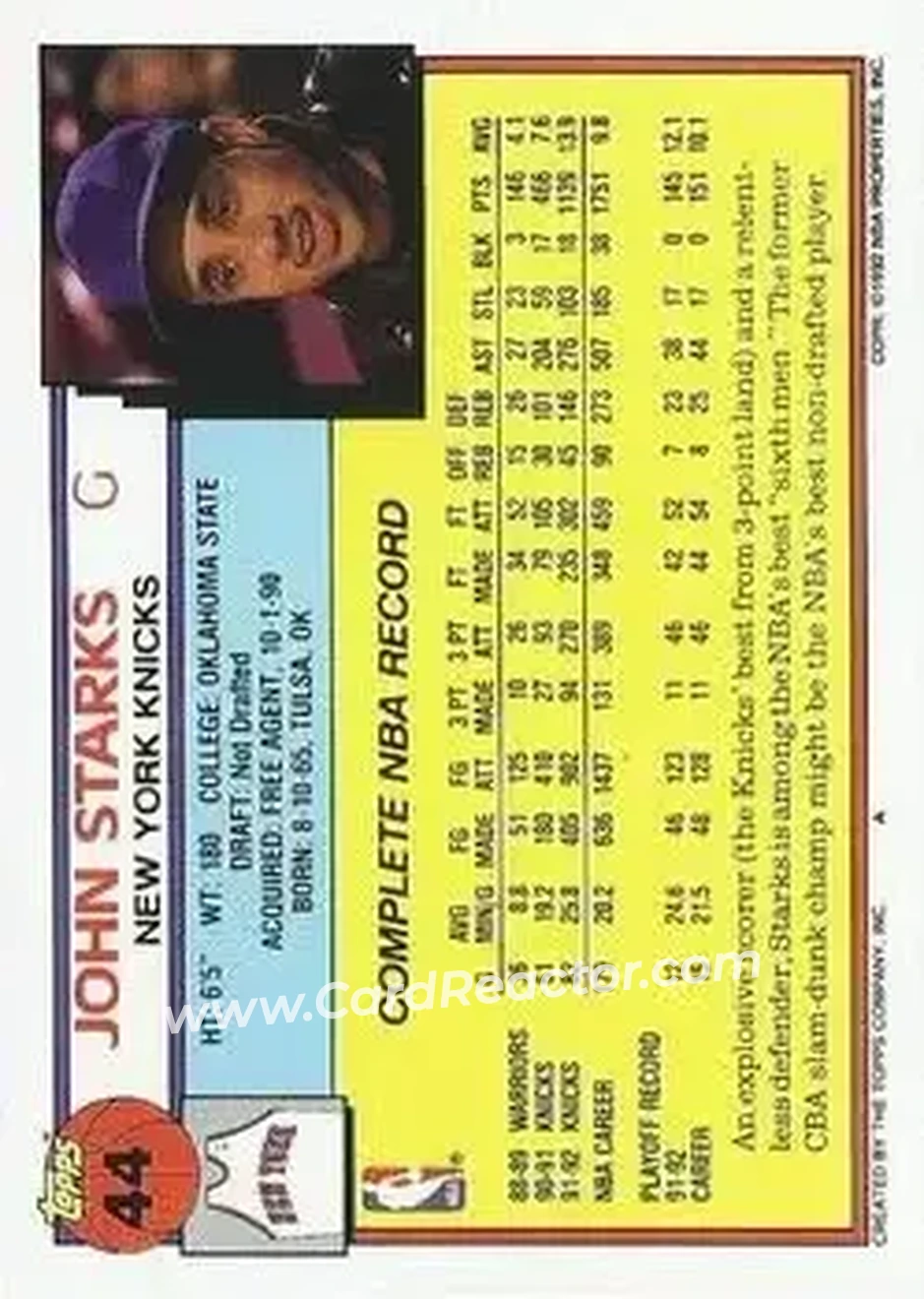 1992-93 Topps #44 - John Starks - New York Knicks - Back