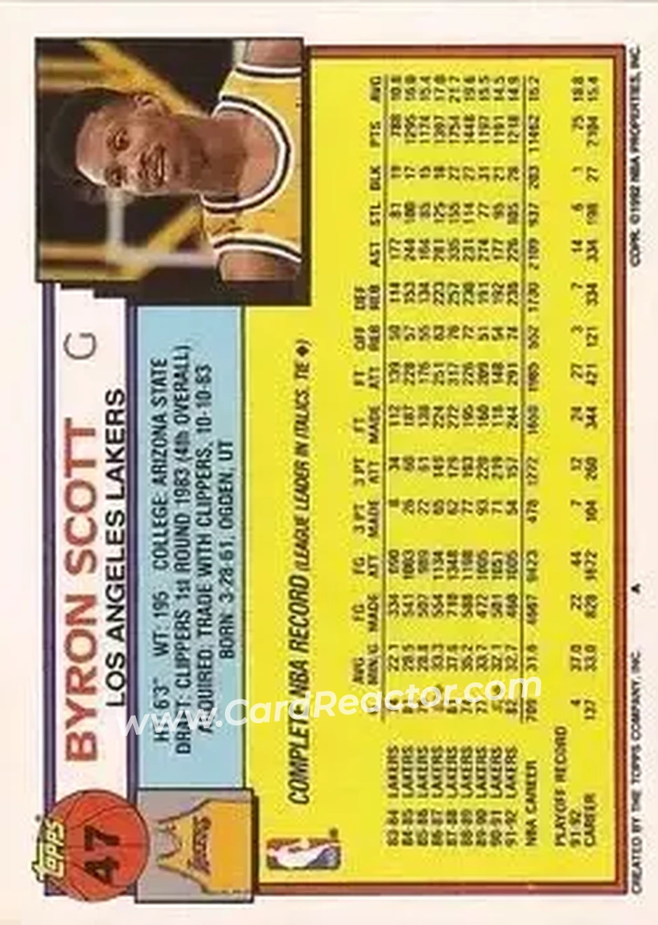 1992-93 Topps #47 - Byron Scott - Los Angeles Lakers - Back